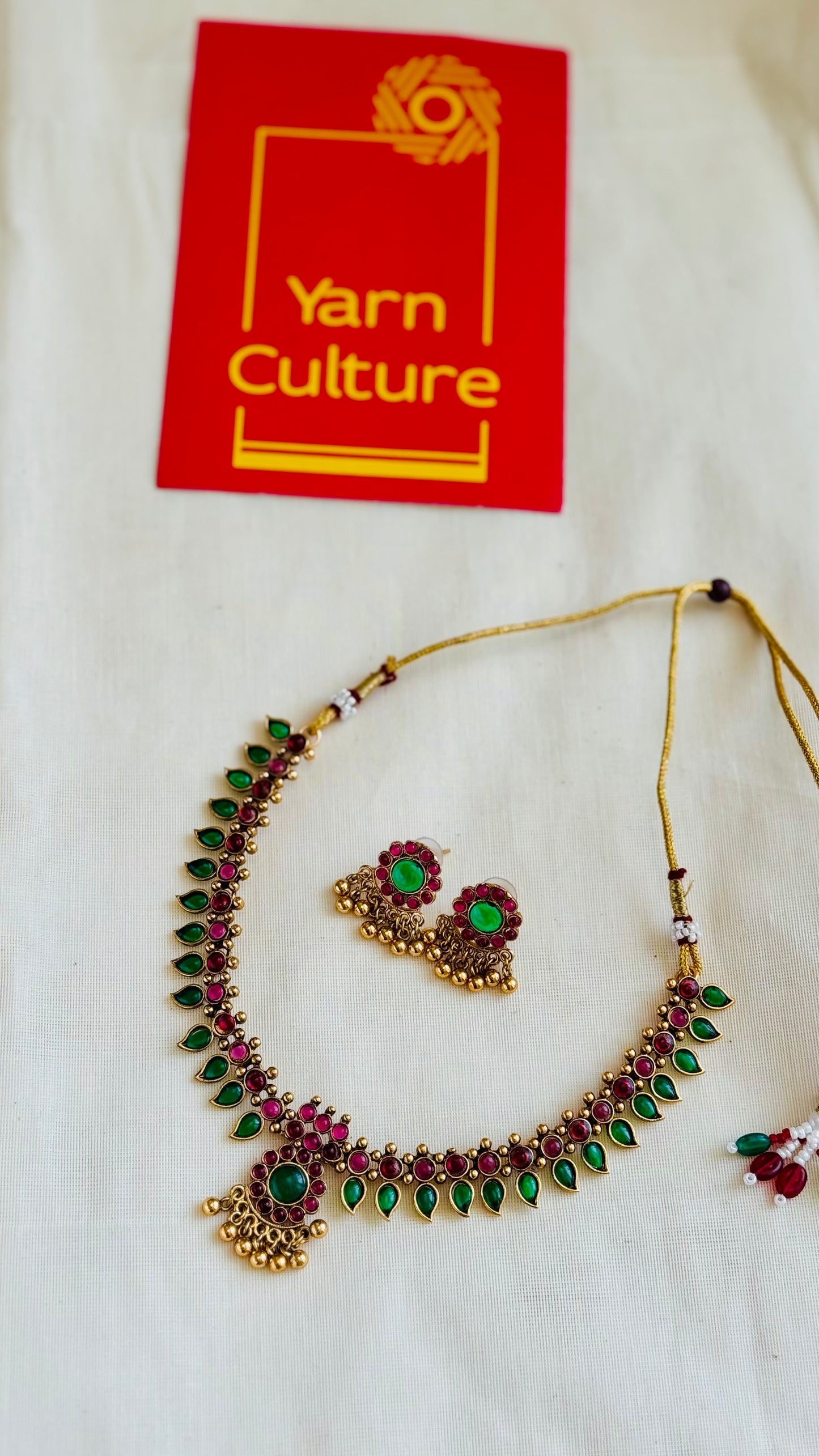 Ruby green palakka necklace with earrings - YCGPNP768