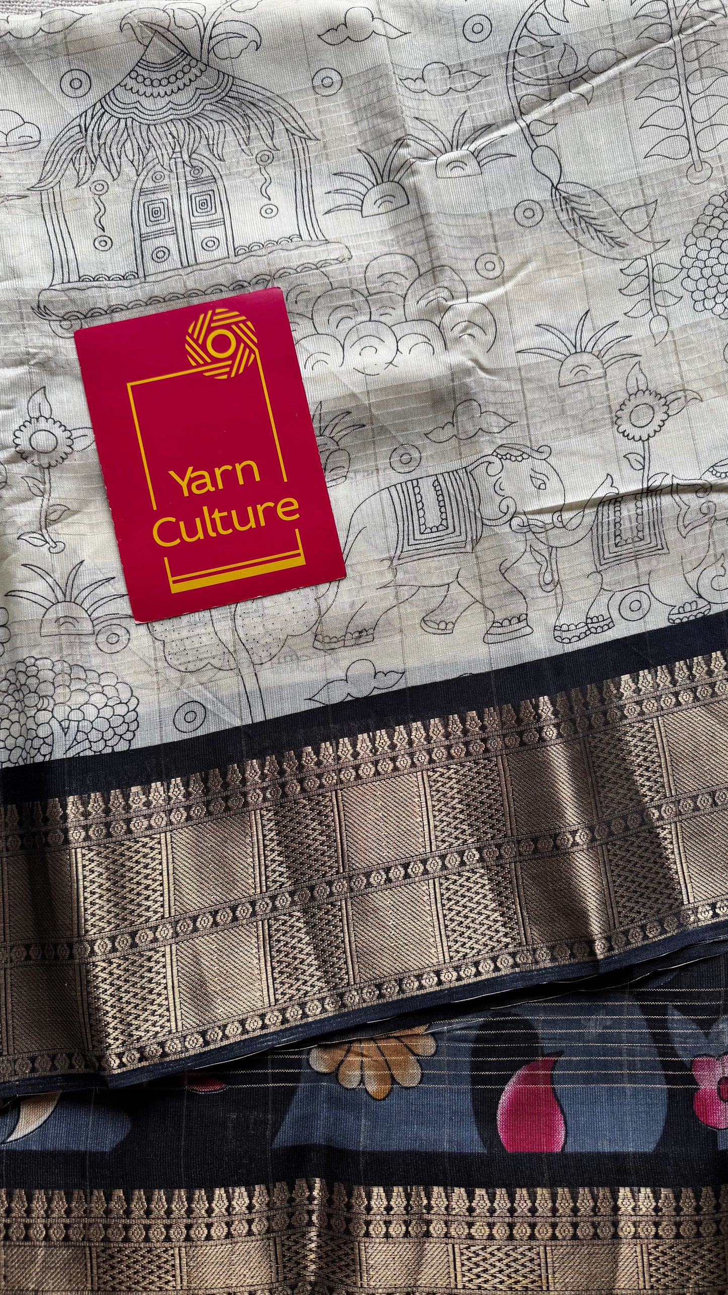 Off white and black, printed kalamkari, semi-tussar - YCWOTDSTK08