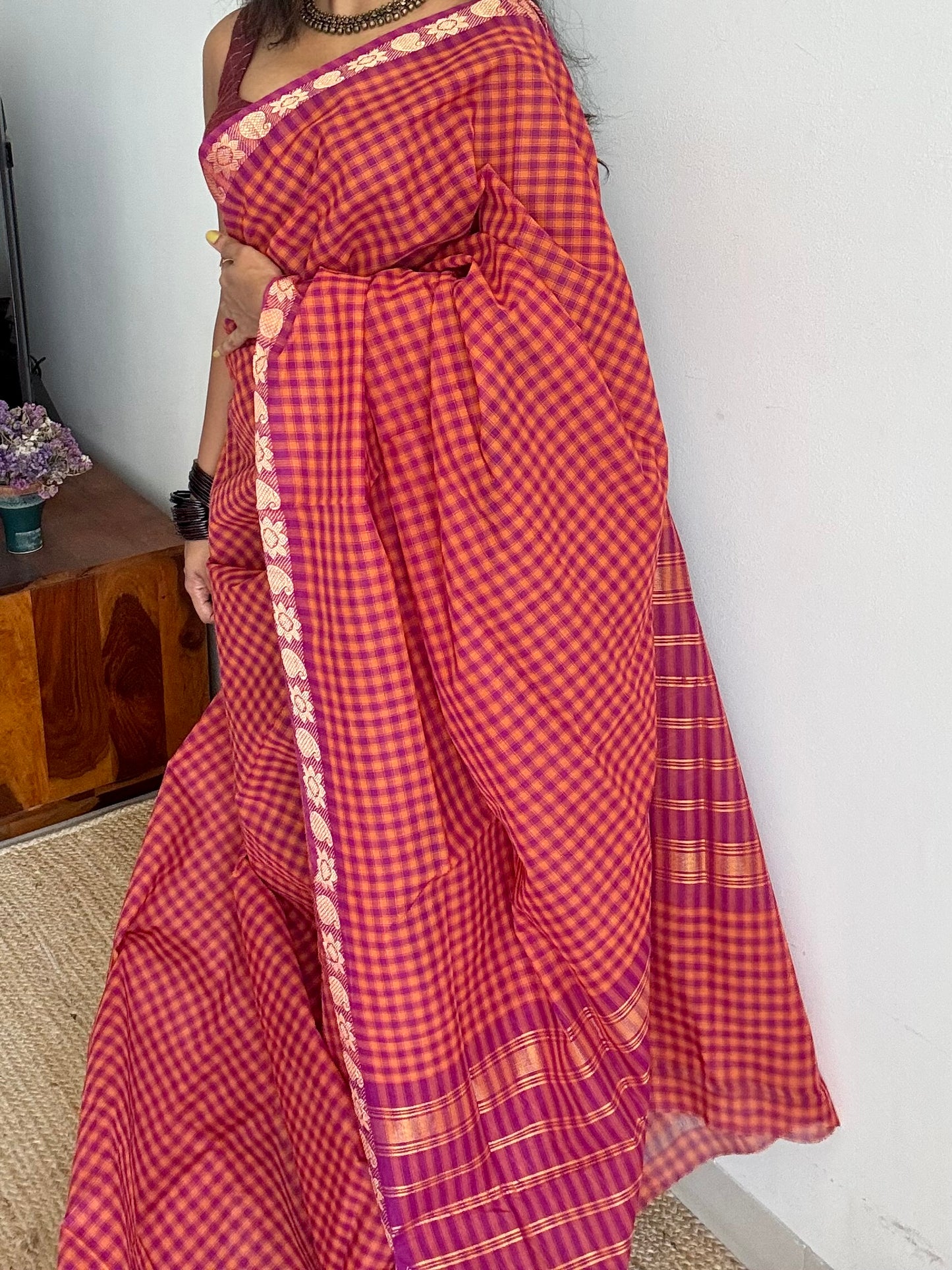 Magenta Chettinad cotton saree with orange checks - YCCOTNCCFE146