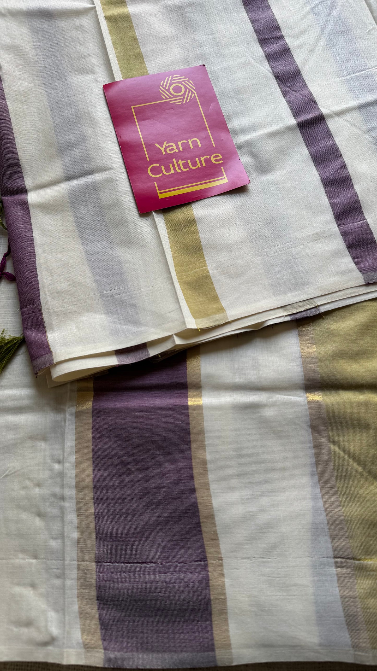 Ivory Kerala cotton saree with purple and green stripes - YCIEKCFE306