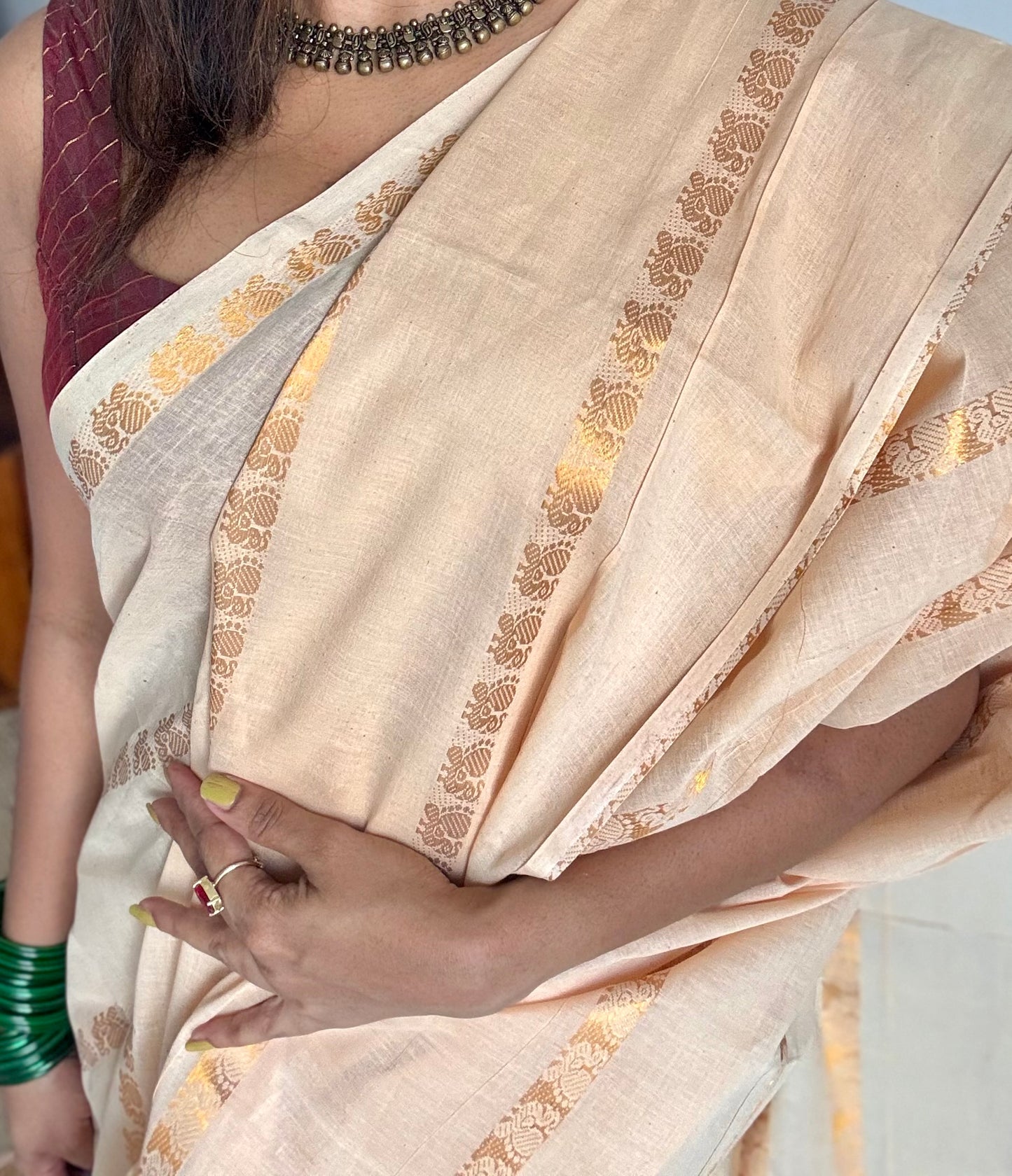 Sandal shade with multi peacock motif lines, kattuchayam dyed sungudi cotton - YCCOTNMSFE261