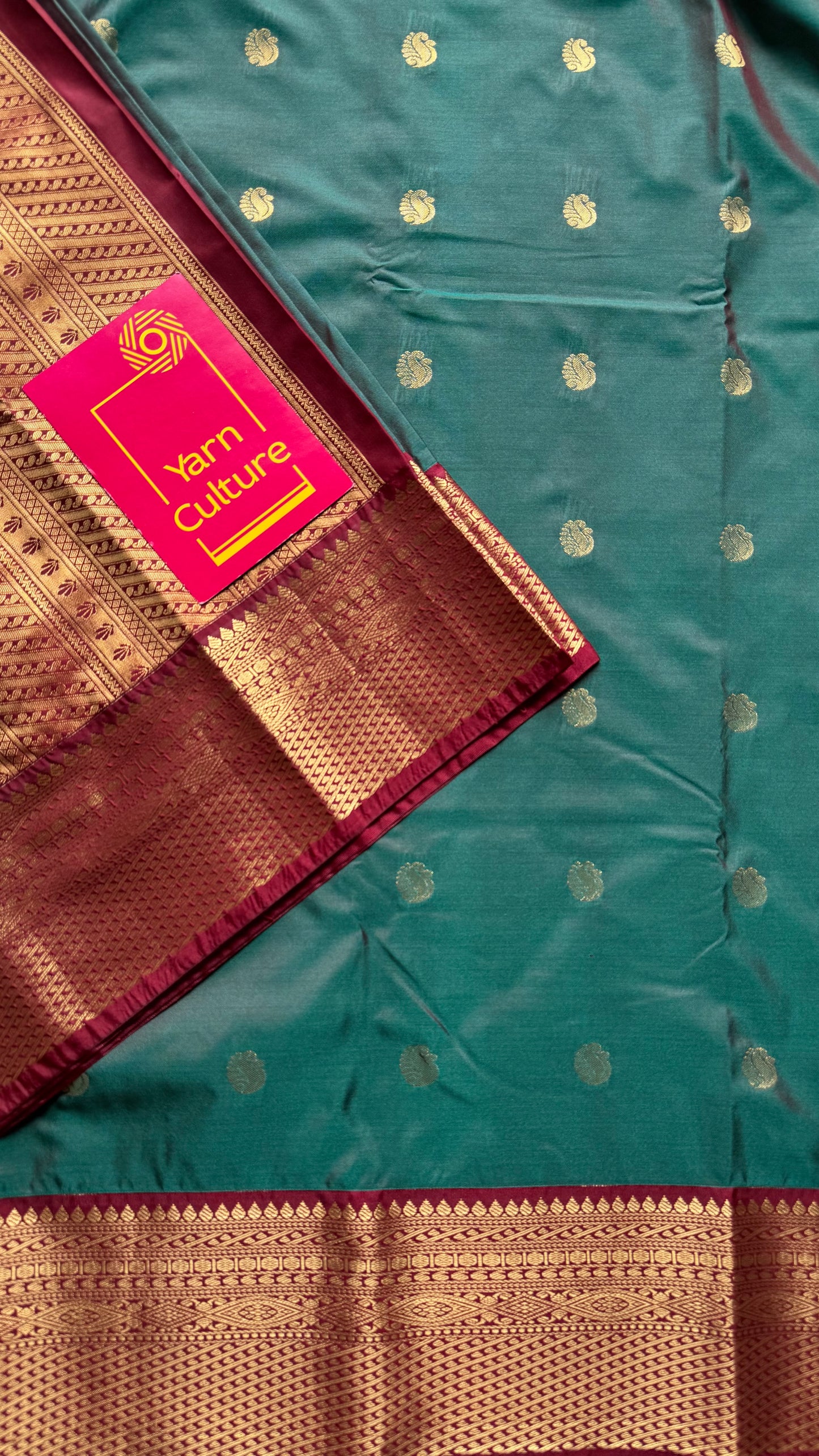 Harini - Emerald green with maroon, handloom korvai semi silk - YCCOTNFEJUKS07
