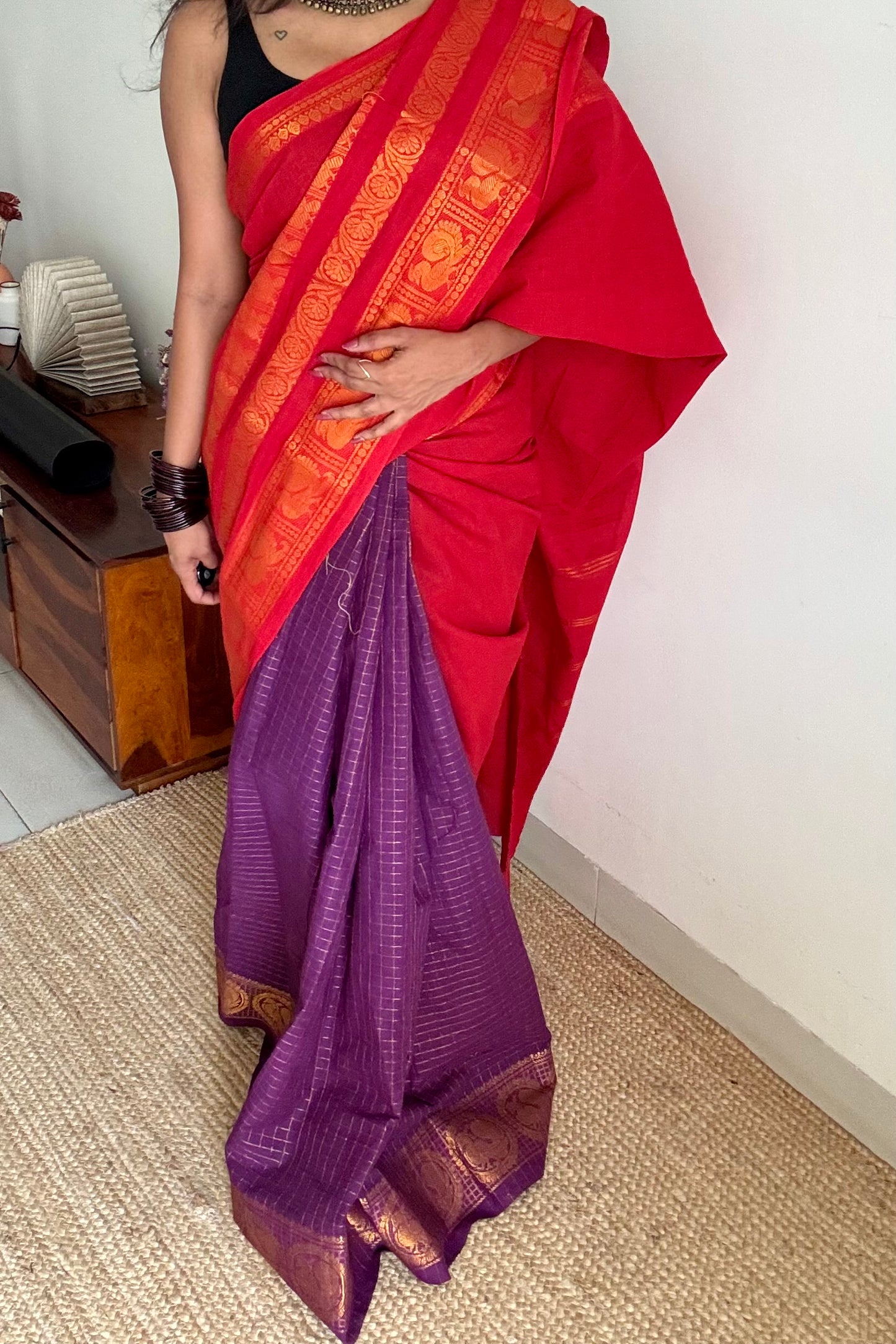 Chilli red and purple, sungudi cotton half-half saree - YCCOTNIDMA309