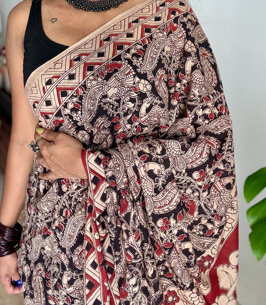 Black with red kalamkari saree, floral vines, soft cotton - YCWOTDMA352