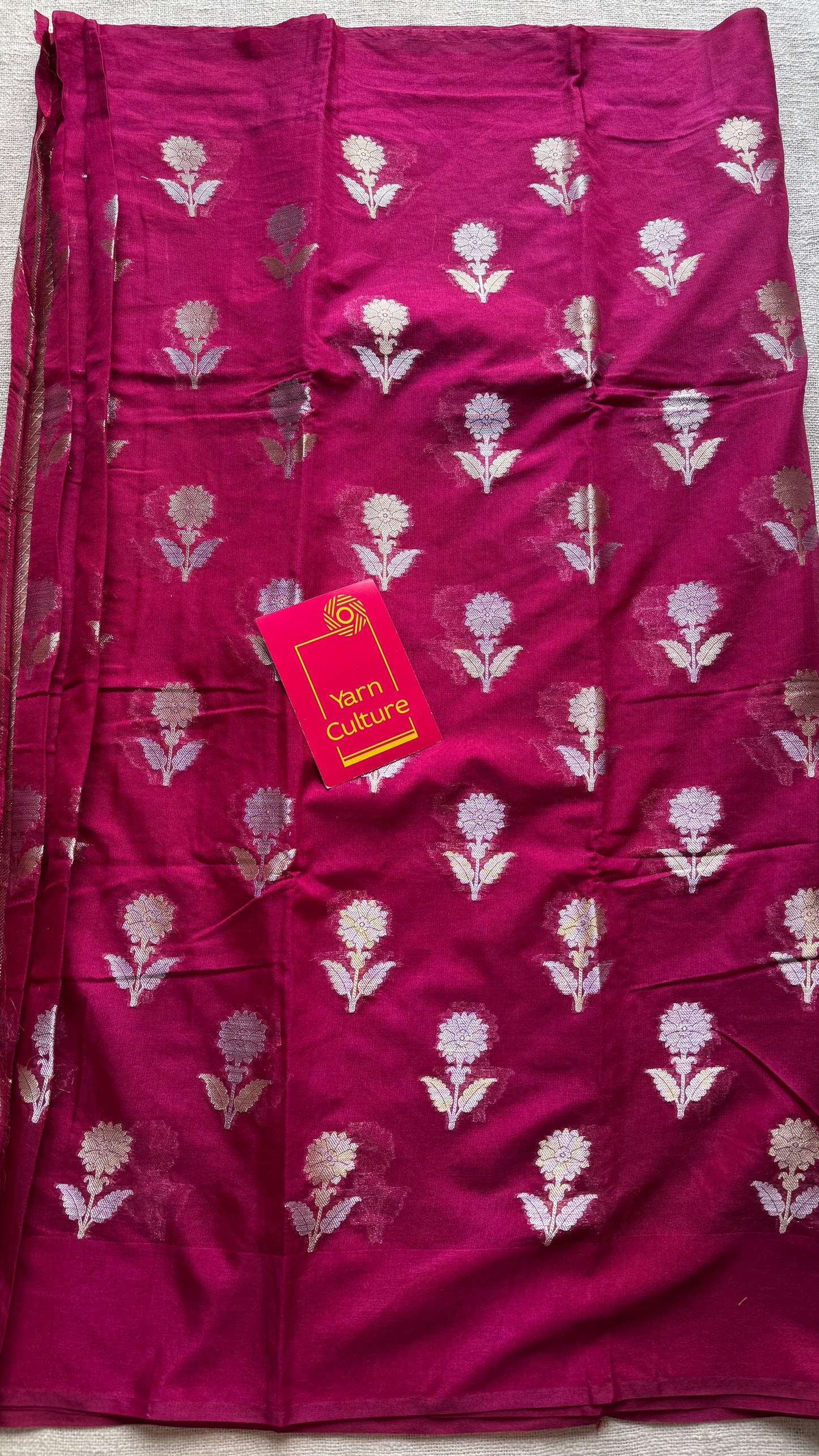 Ruby with gold and silver floral buttas, Banarasi semi-crepe silk - YCDESE52
