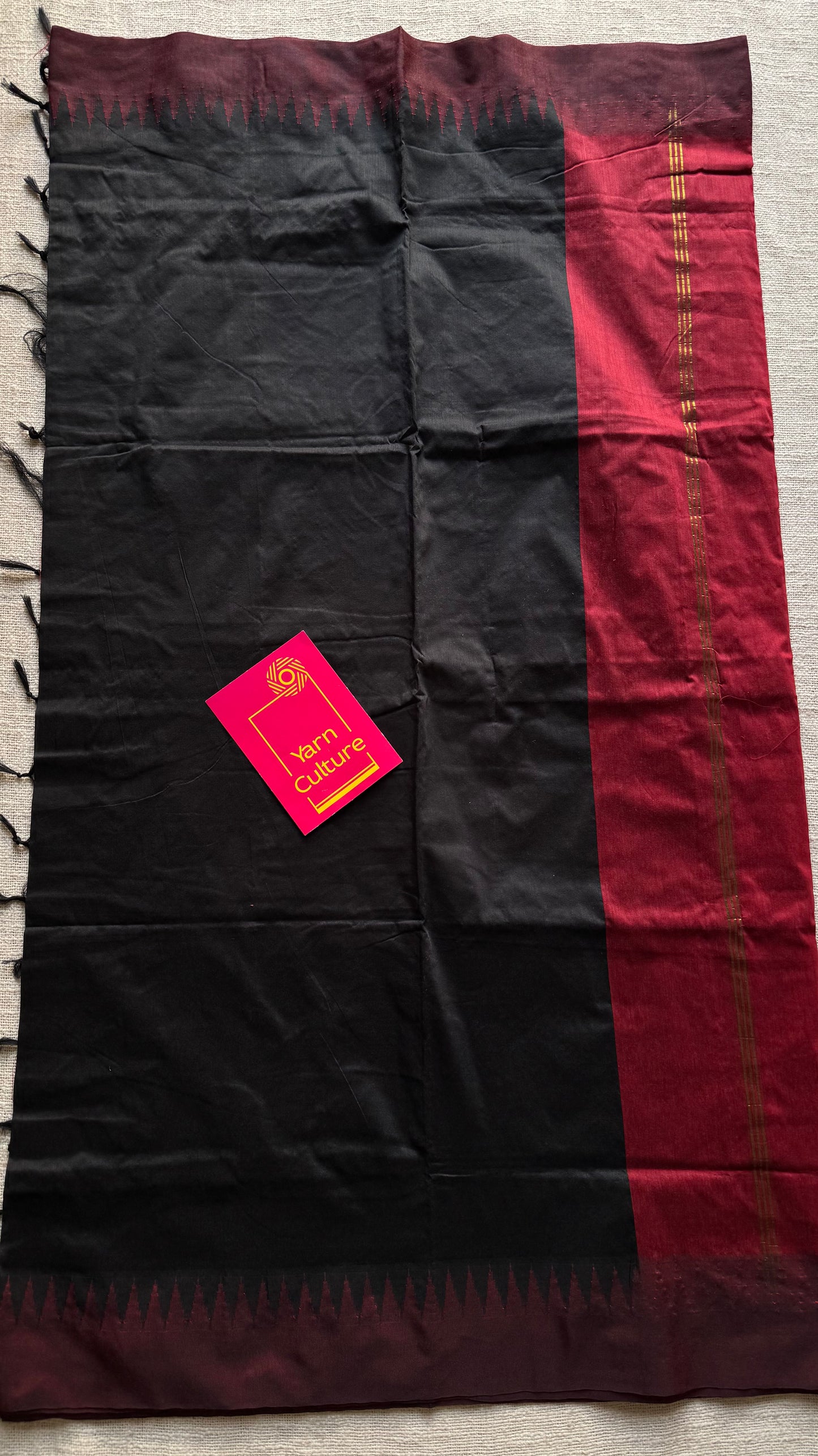 Black with maroon temple border, cotton silk - YCCOTNCSDE95