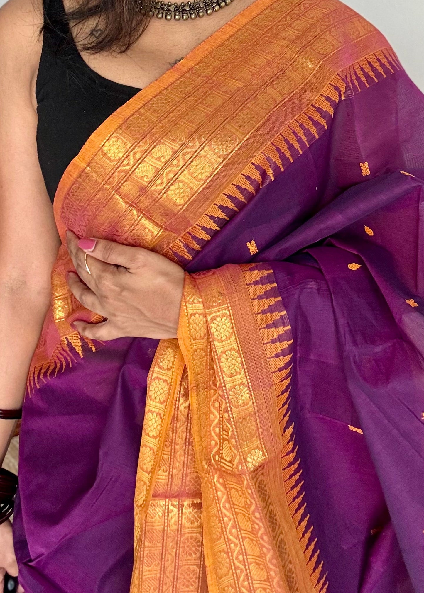 Kanchi cotton saree, purple with turmeric yellow border - YCCOTNAP87