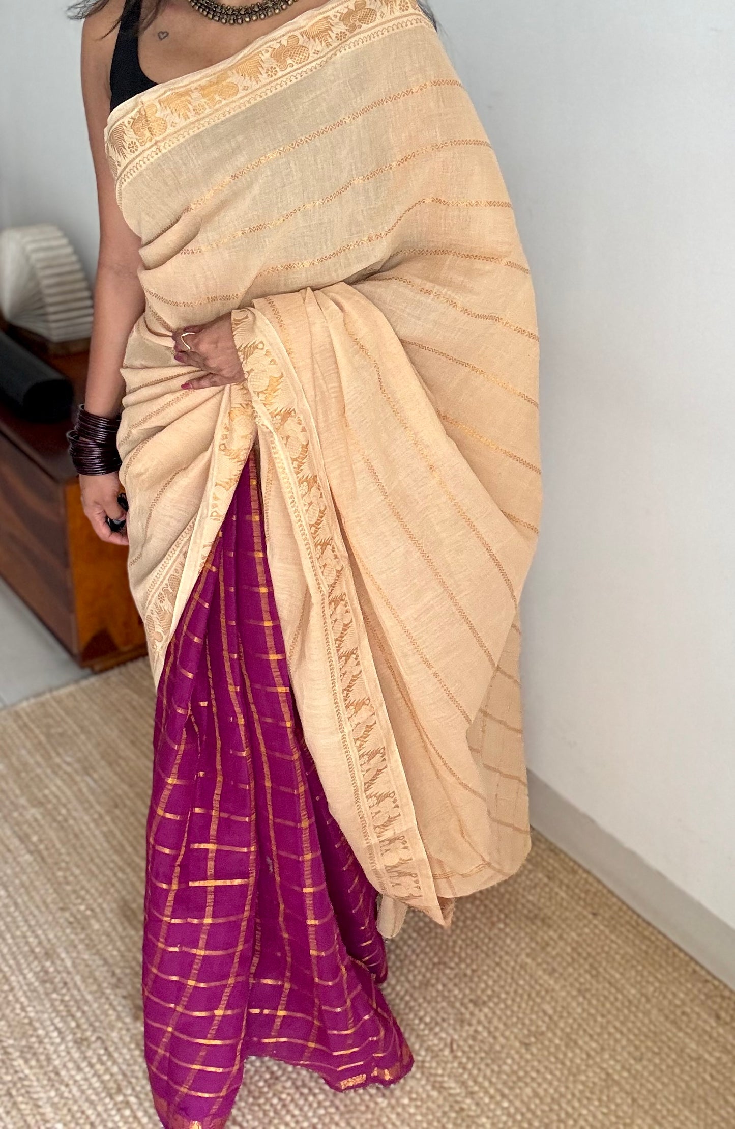 Cream with vadamalli, sungudi cotton half-half saree - YCCOTNIDMA284