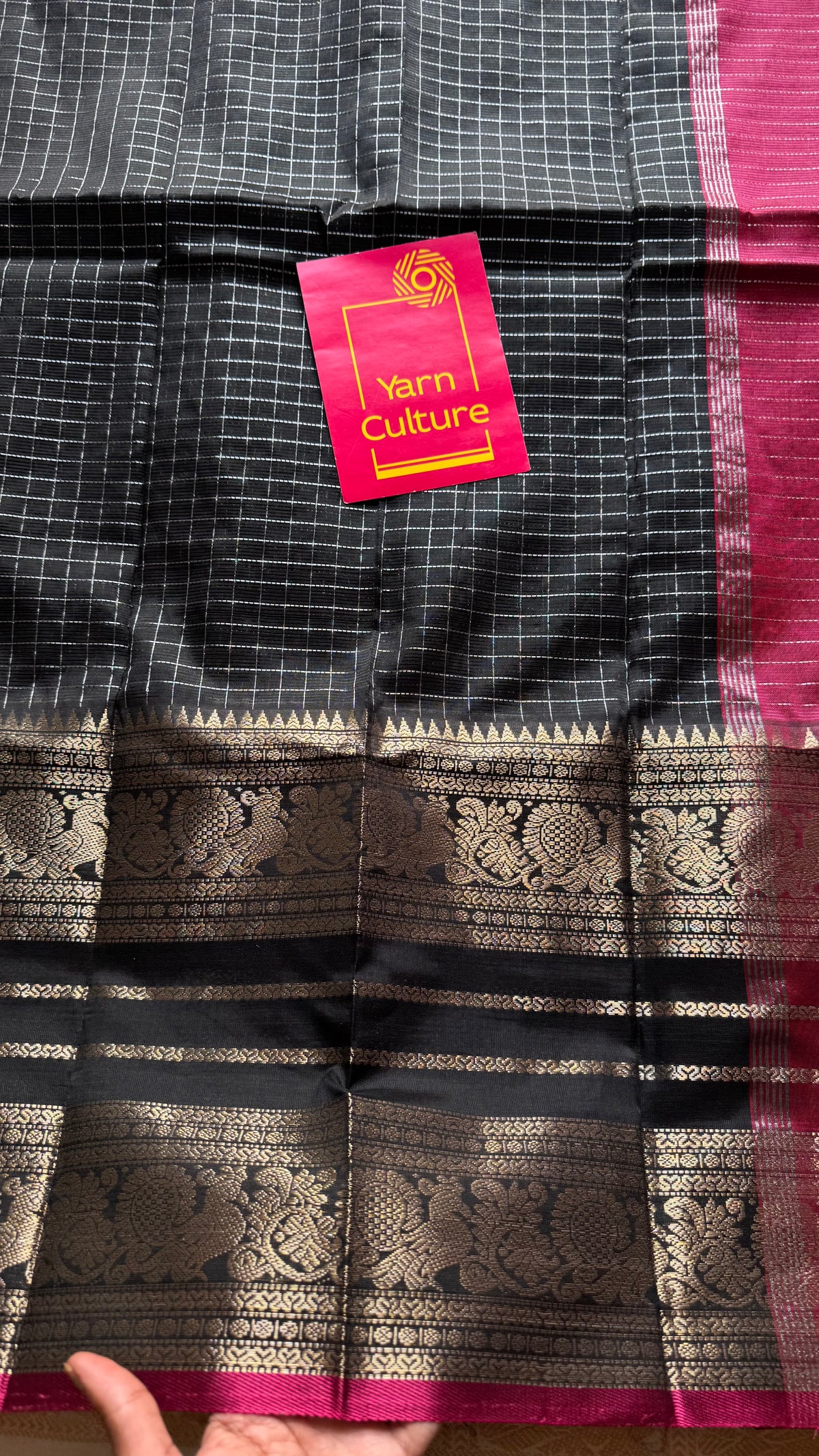 Black with dark pink silver zari checks, silver and gold peacock woven zari border, mangalgiri silk cotton, handwoven, soft, light weight - YCWOTDMSCOC123