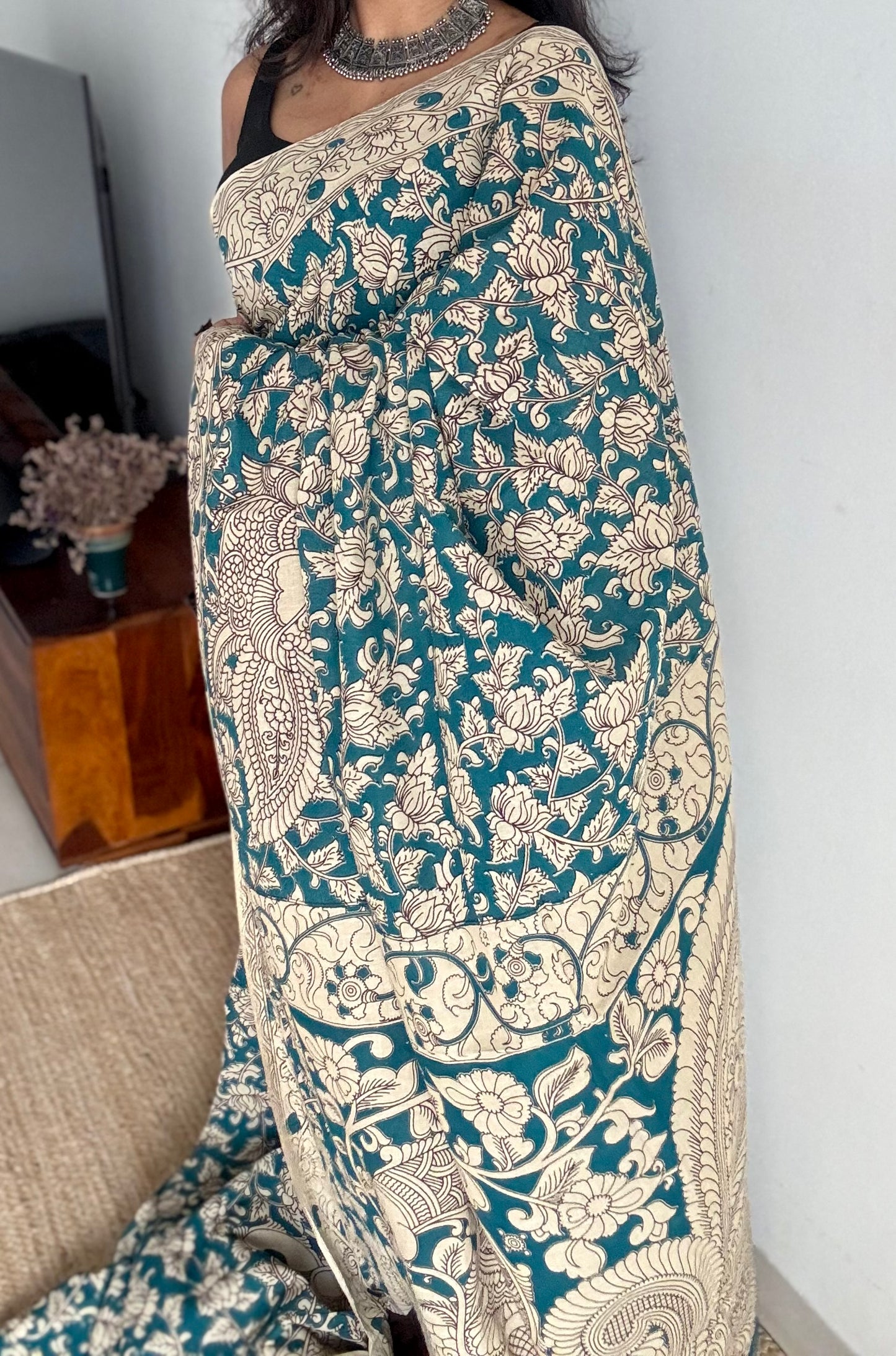 Teal with beige kalamkari, floral vines, soft cotton - YCWOTDOCMP89