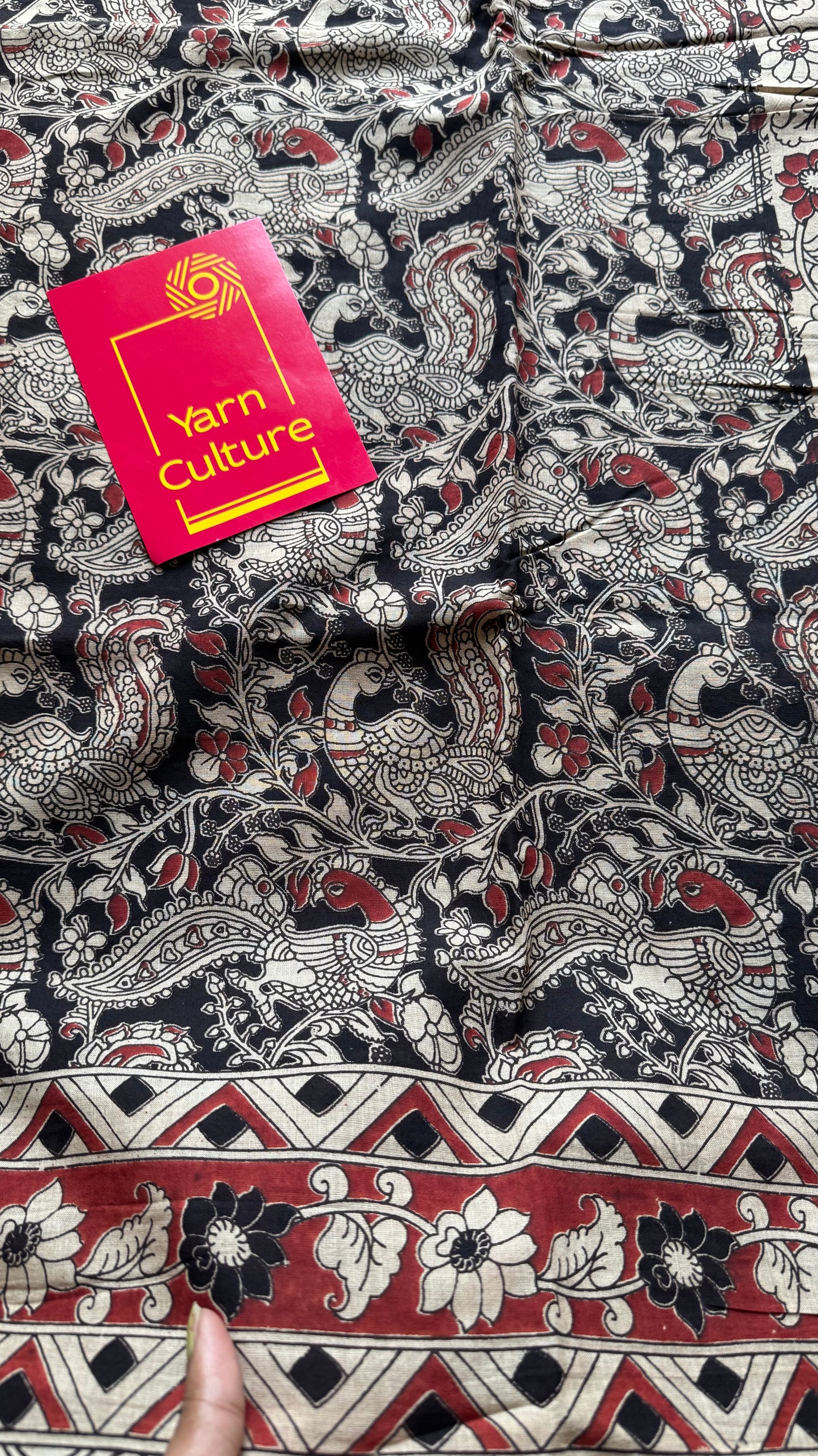 Black with red kalamkari saree, floral vines, soft cotton - YCWOTDMA352