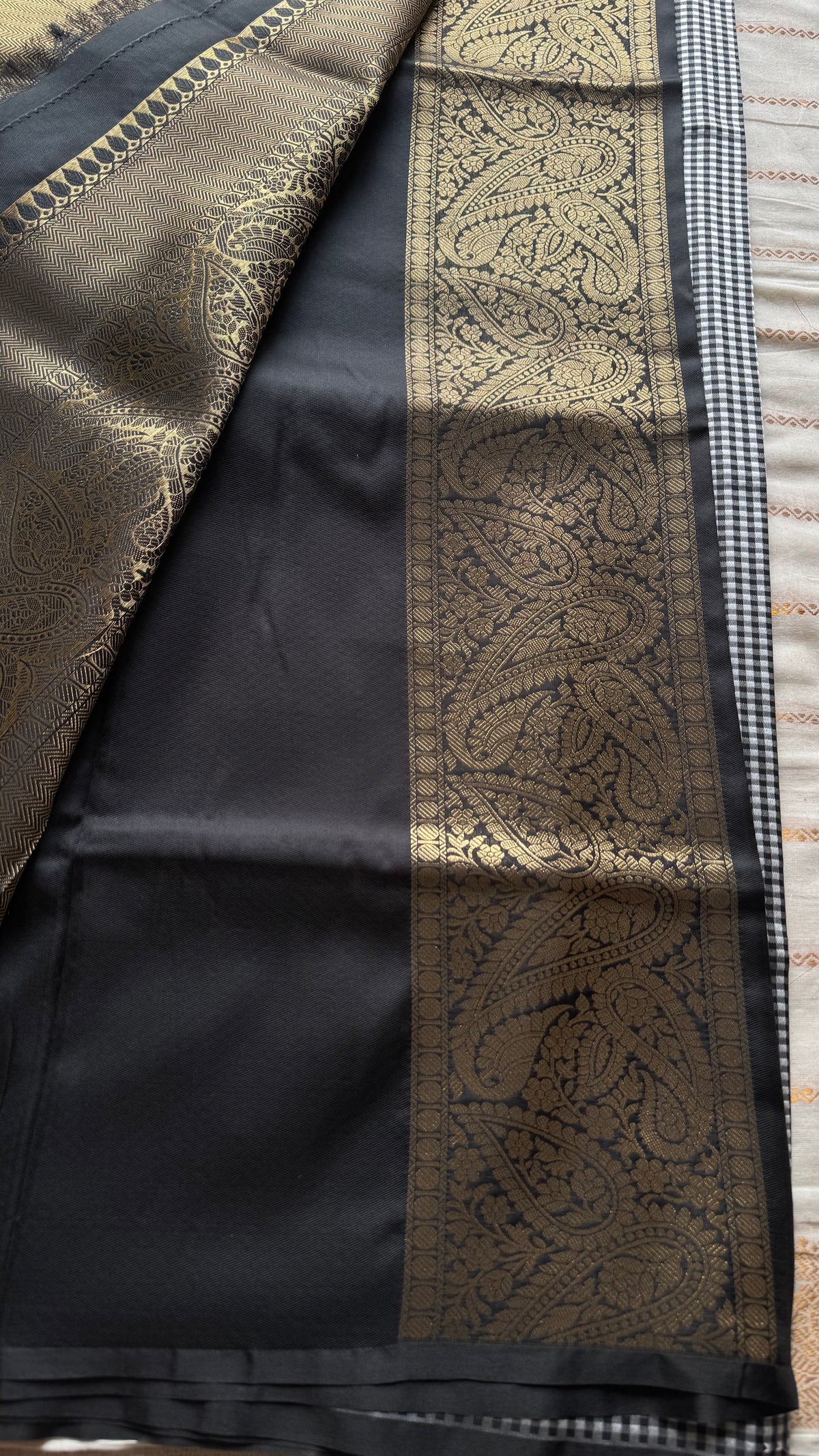 Black and white mini checks, Banarasi semi-katan silk saree with antique gold zari pallu - YCBLTOC93
