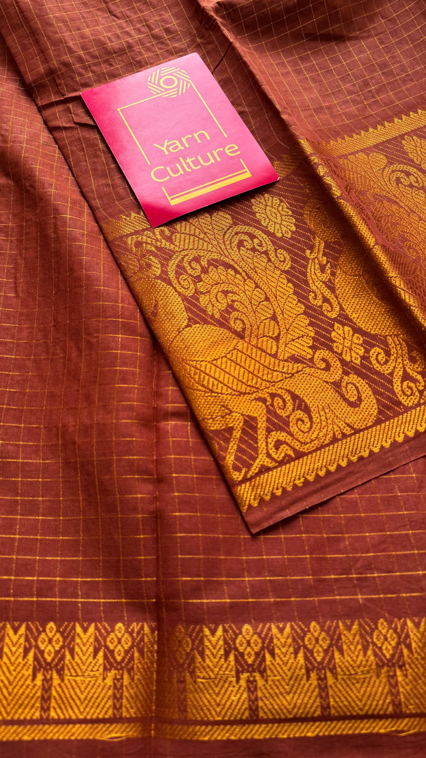 Brown with wide border, zari checkered sungudi, kattuchayam dyed madurai cotton - YCCOTNMSAP112
