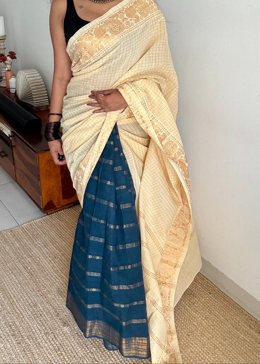 Ivory and teal, sungudi cotton half-half saree - YCCOTNIDMA311