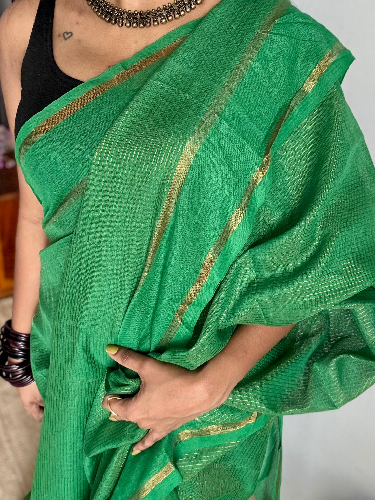 Green, gap border, copper zari stripes, soft cotton - YCBCKCZDE116