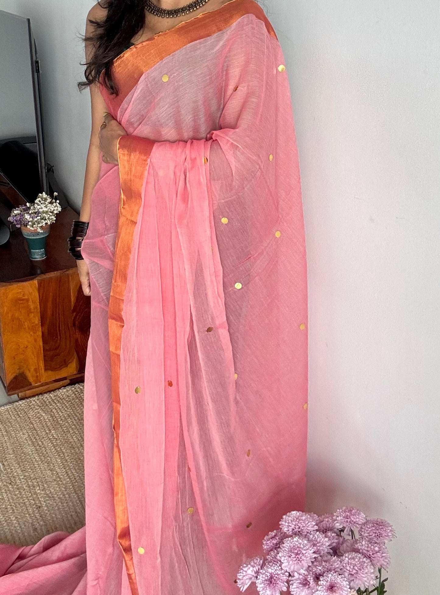 Pink mul with gini sequins and copper zari border - YCBCMCNO58