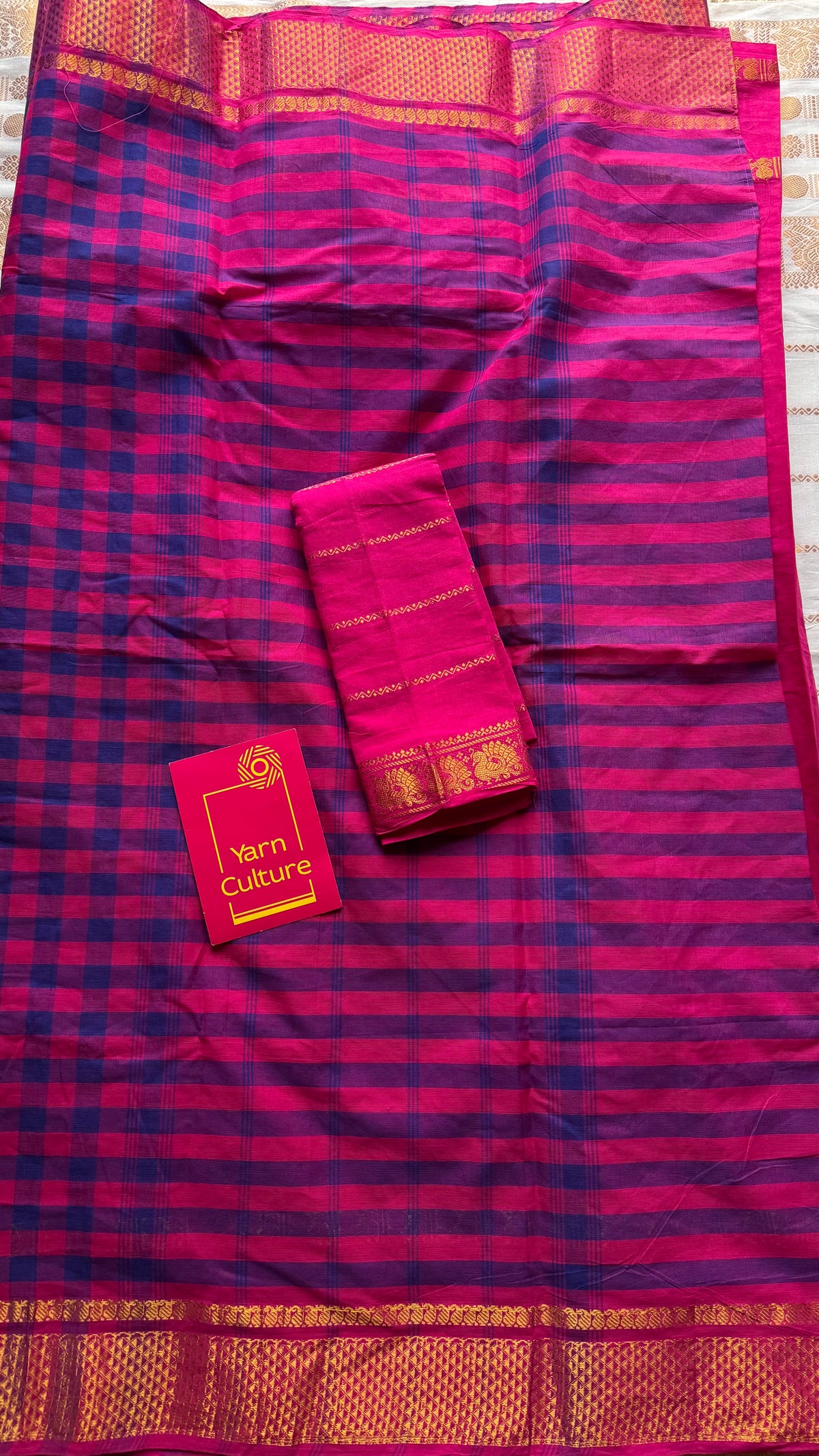 Multicoloured checks with hot pink, sungudi and chettinad cotton half and half saree - YCCOTNIDOC146