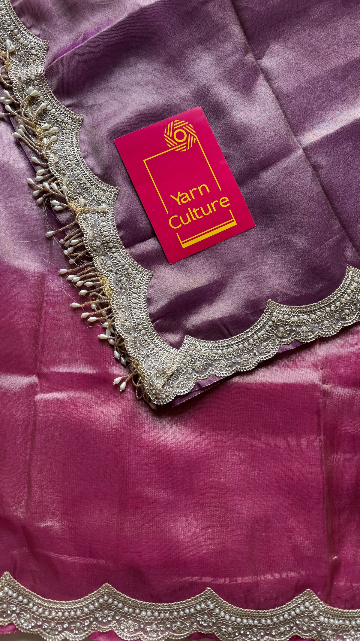 Pink and purple tissue Banarasi saree with embellished pearl lace border - YCBLTOC74