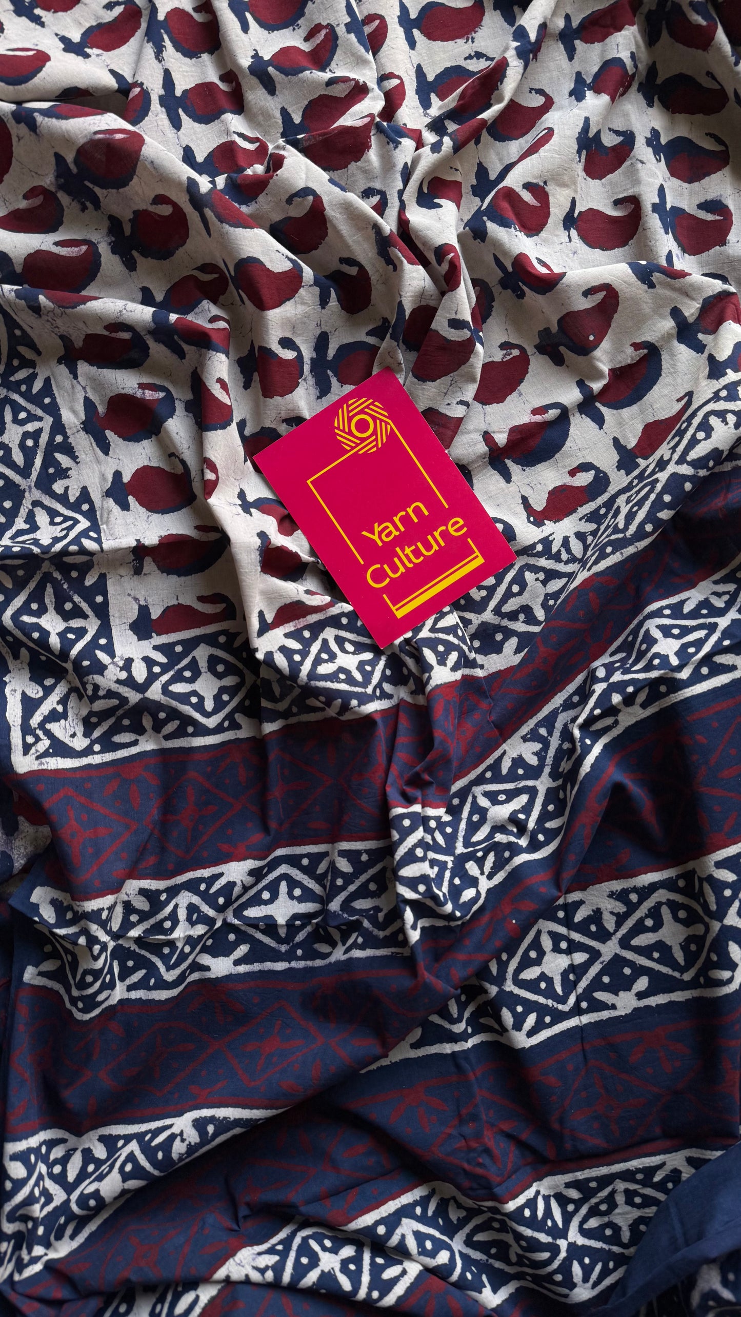 Beige with Indigo and maroon paisley motifs, block printed soft cotton saree - YCTORCMA23
