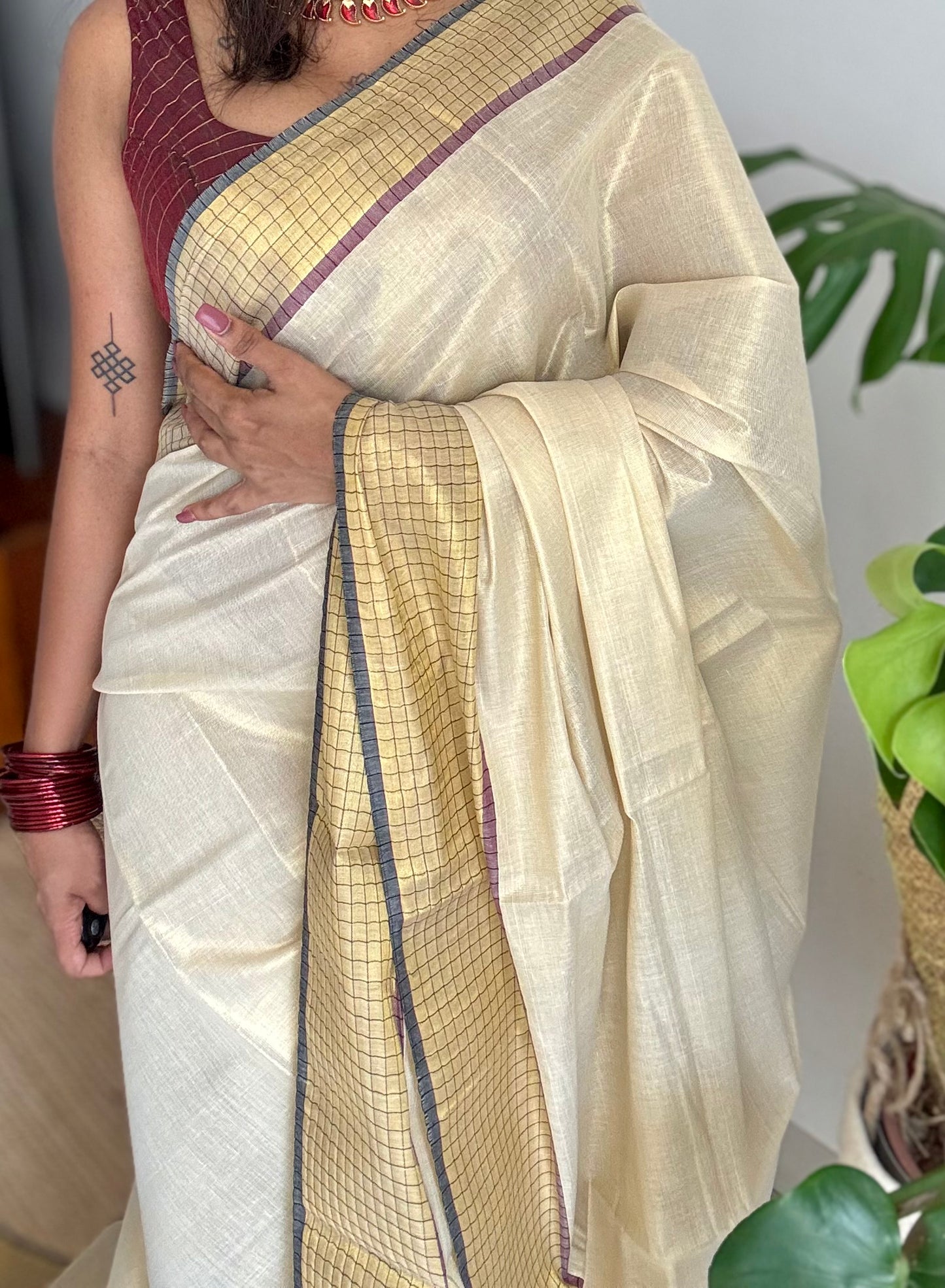 Ivory and gold soft tissue cotton saree, black and red, checkered border - YCIEON78