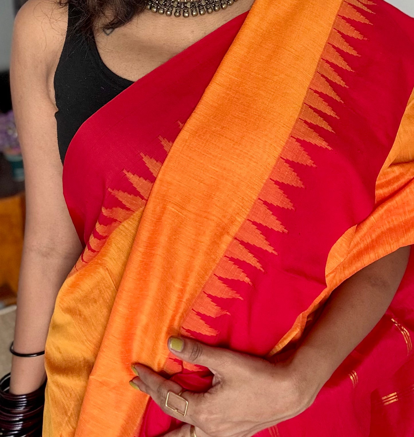 Light orange with red contrast, temple border saree, cotton silk - YCCOTNTBFE55