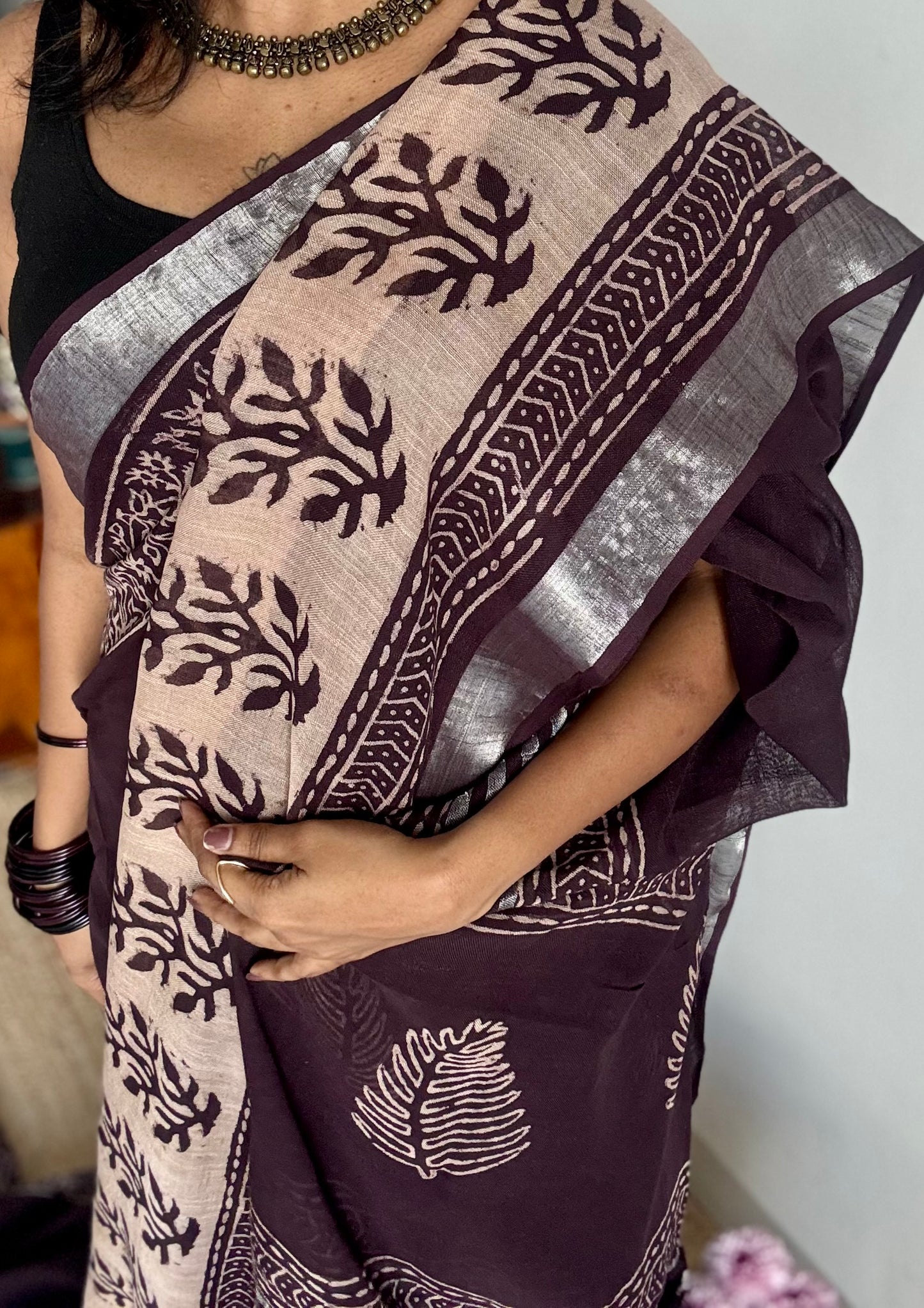 Wine and cream linen, silver zari border - YCTORNOP20