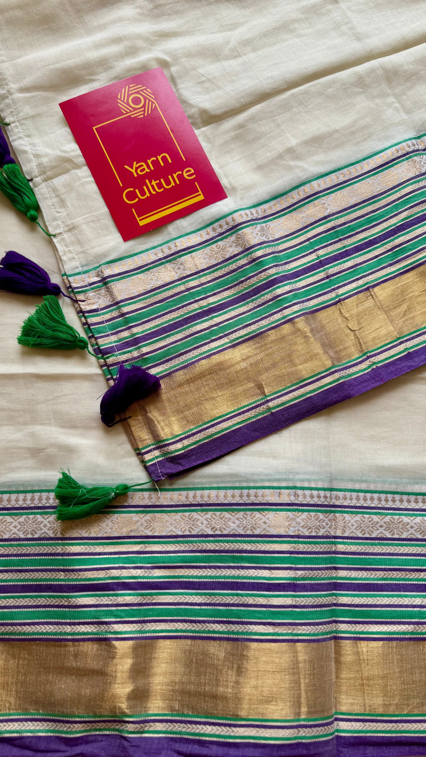 Ivory mul saree, purple, green and gold kanchi border - YCIEON29