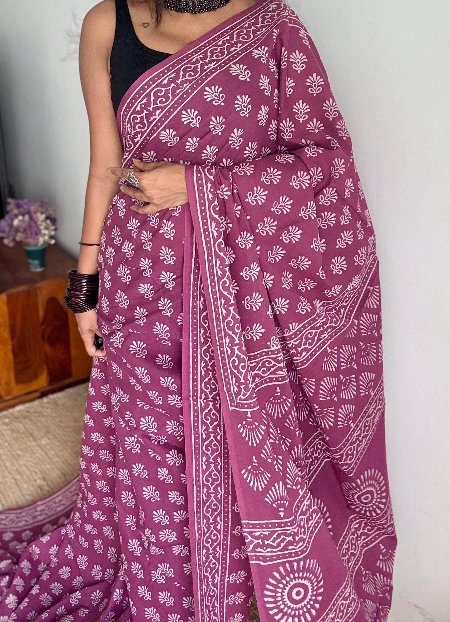 Purple pink with off white floral motifs, block printed soft cotton saree - YCTORCMA18