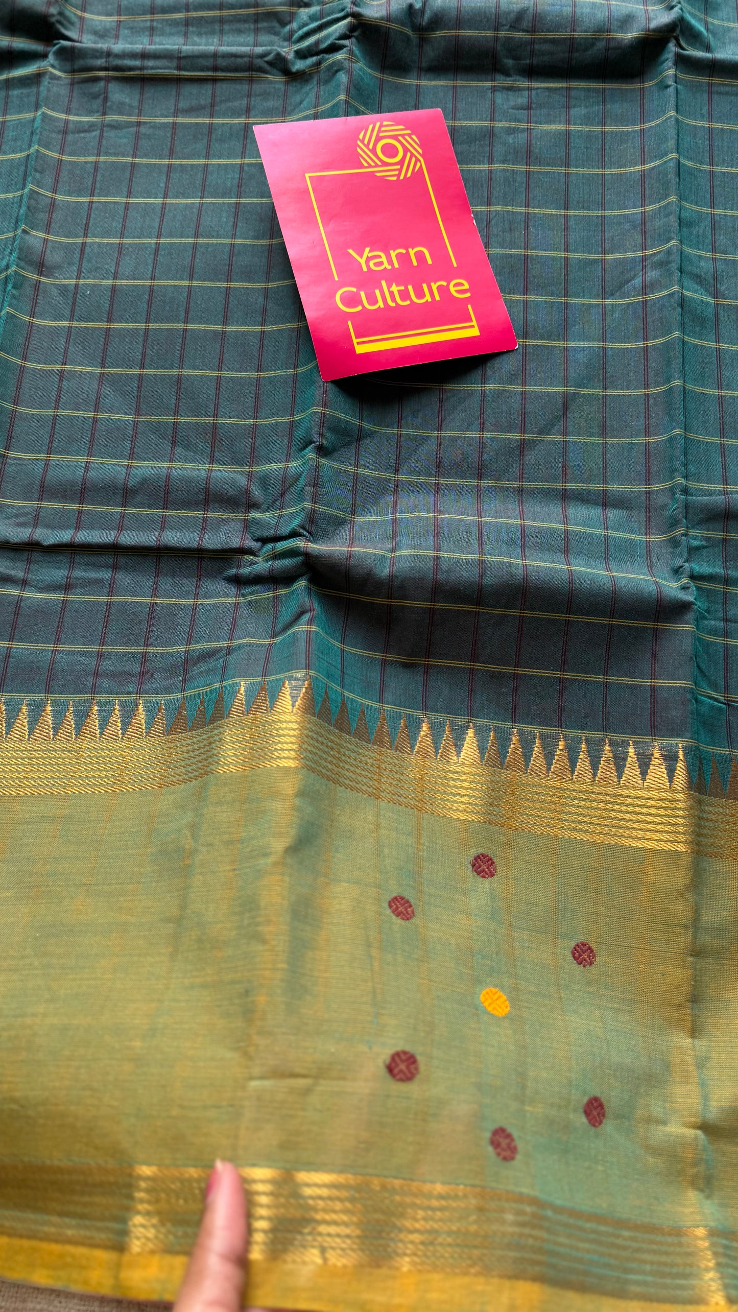 Dark teal and light green contrast, checkered Chettinad cotton saree - YCCOTNMA269