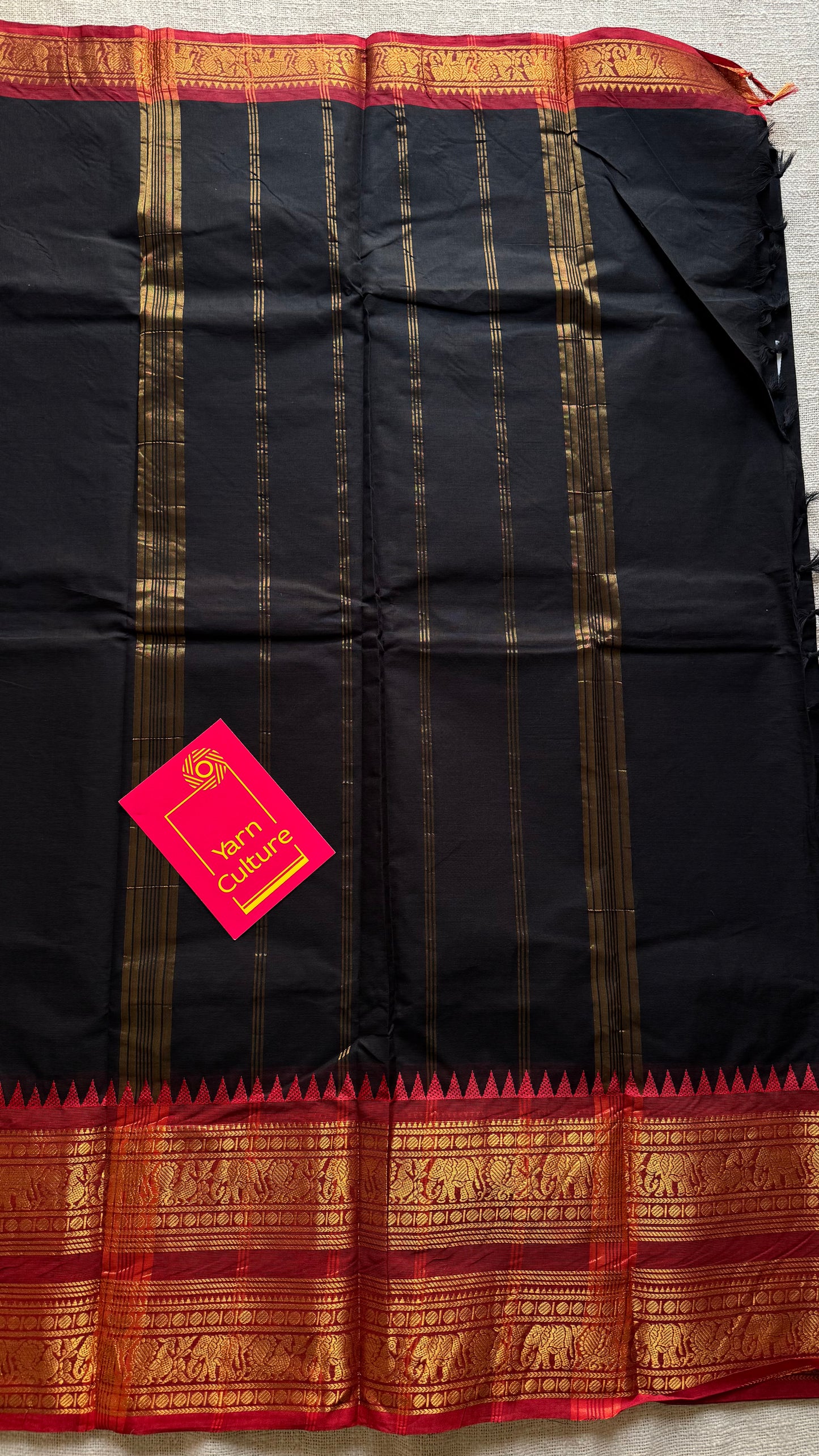 Black with dark red contrast, wide zari border, kanchi cotton - YCCOTNKCJA213