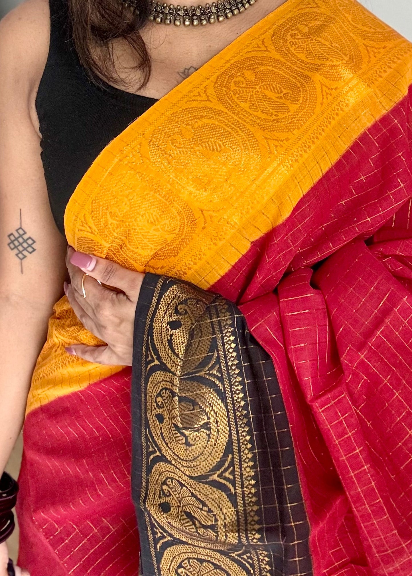 Sungudi cotton checks, red base, yellow and black dual tone border, soft cotton - YCCOTNMSJUL10