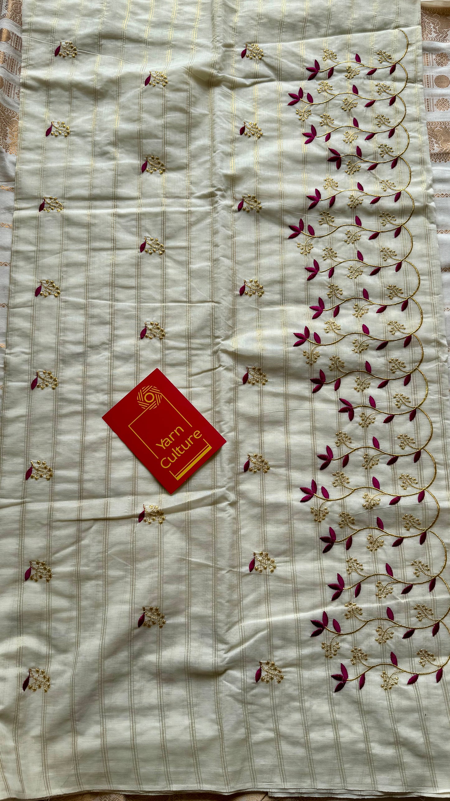 Ivory and gold soft cotton saree, purple pink floral vine embroidery  - YCIEON56