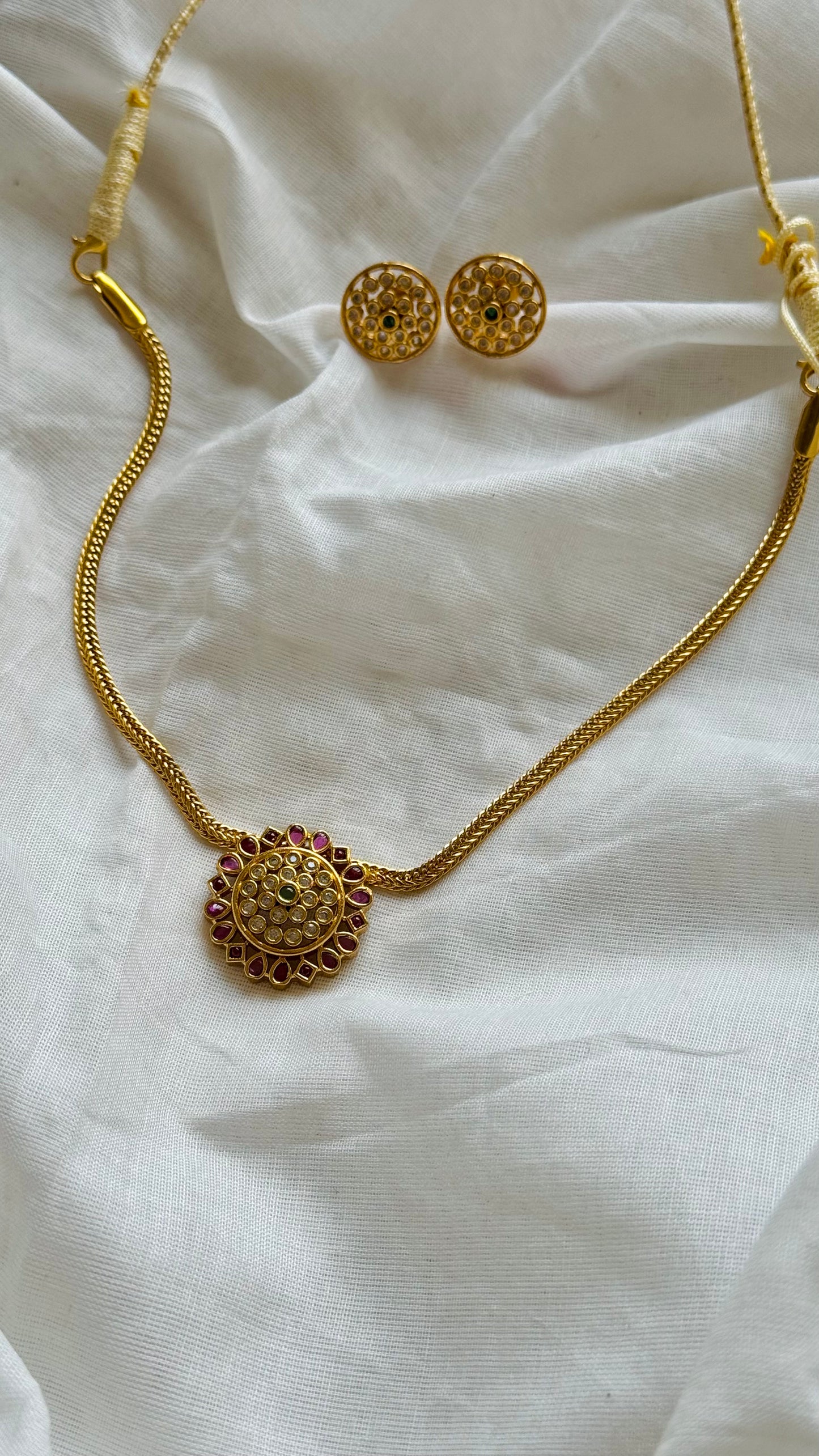 Attigai with ruby, green, white stone pendant, with earrings - YCGPNP741