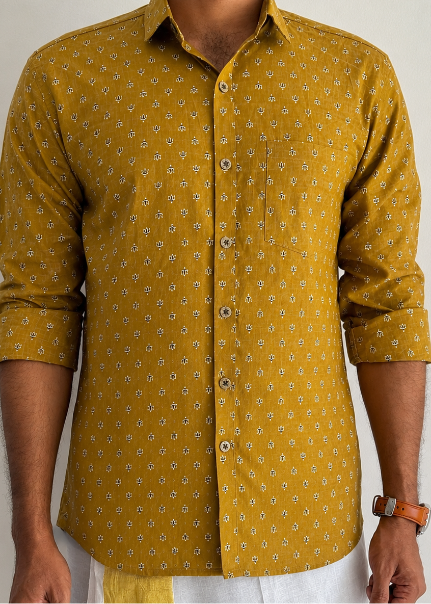 Mehendi Green Lotus Motif Block Printed Cotton Men's Full Sleeve Collared Shirt - YCMSEIE202