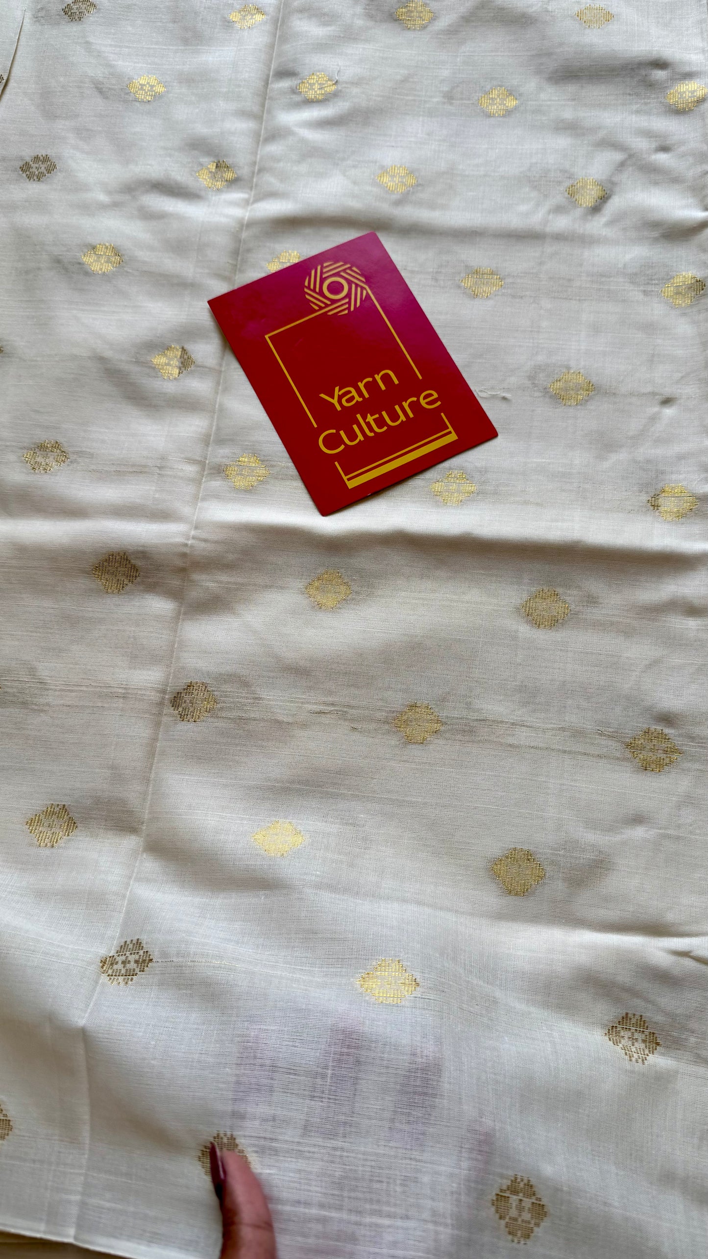 Ivory and gold kerala saree with woven buttas, striped pallu - YCIEON43