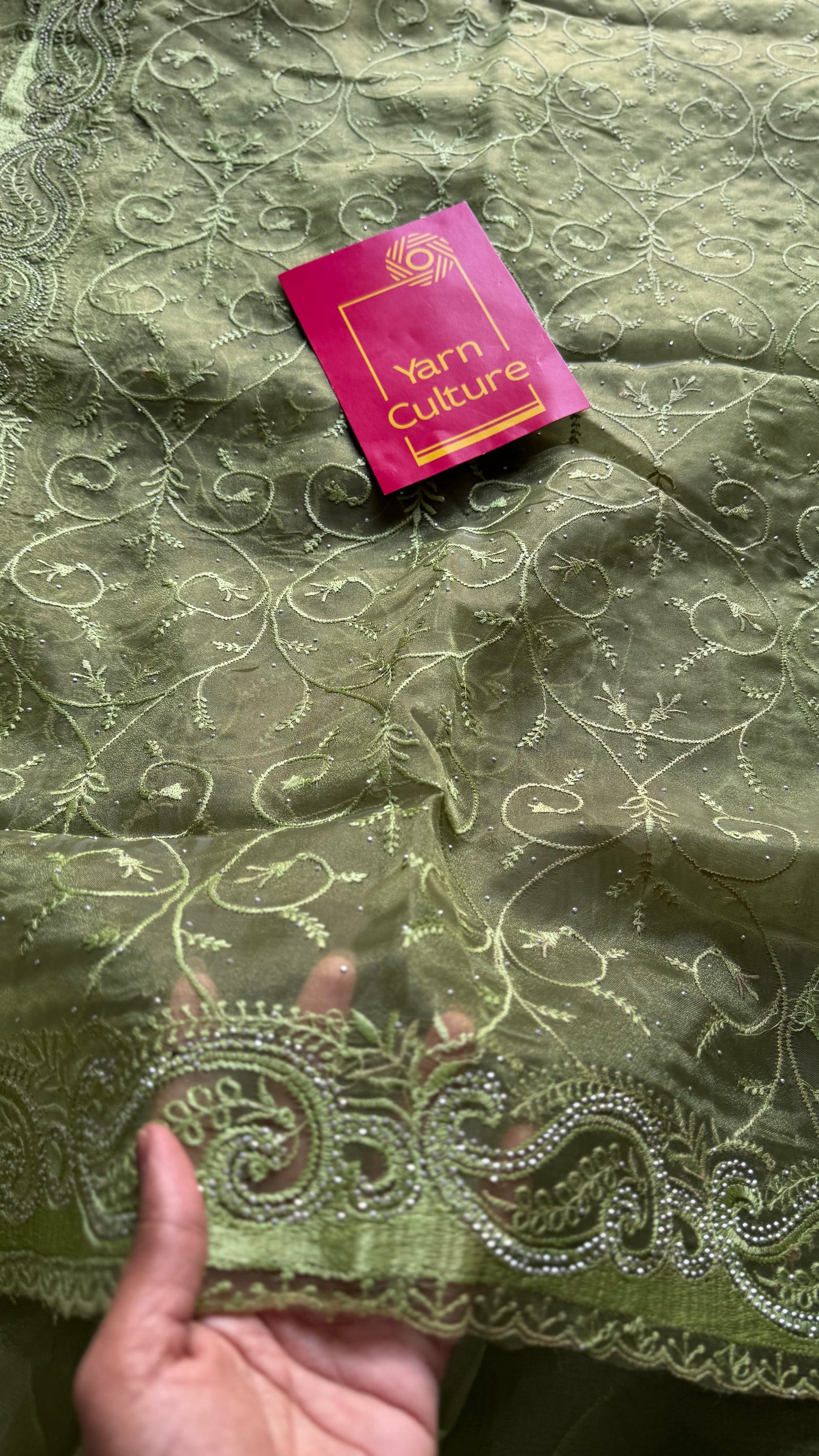 Olive Confetti - green organza, with theadwork and sequins - YCDOSNO32