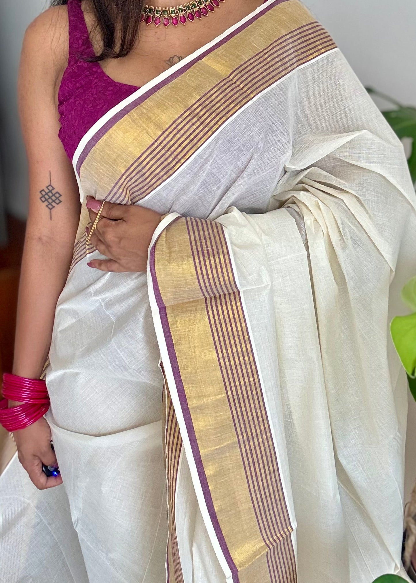 Ivory and gold soft cotton saree, purple border - YCIEON76