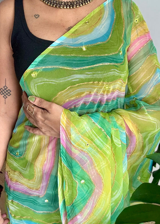 Green multicoloured leheriya chiffon saree with mirror work  - YCTORLOC97