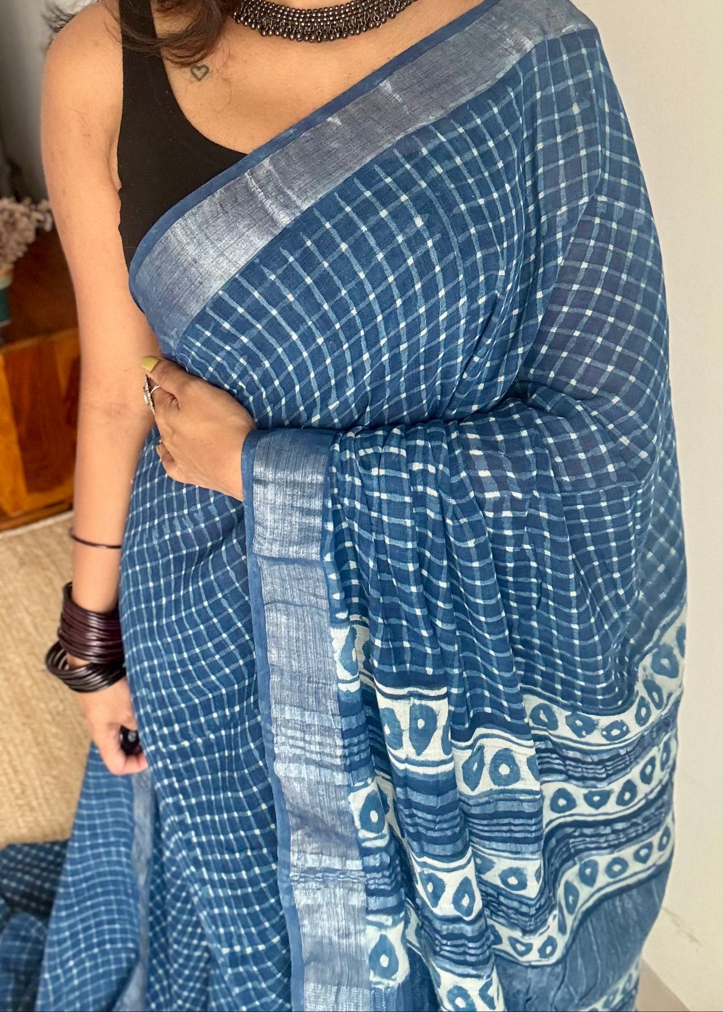 Indigo linen, small checks, silver zari border -YCTORNOP17