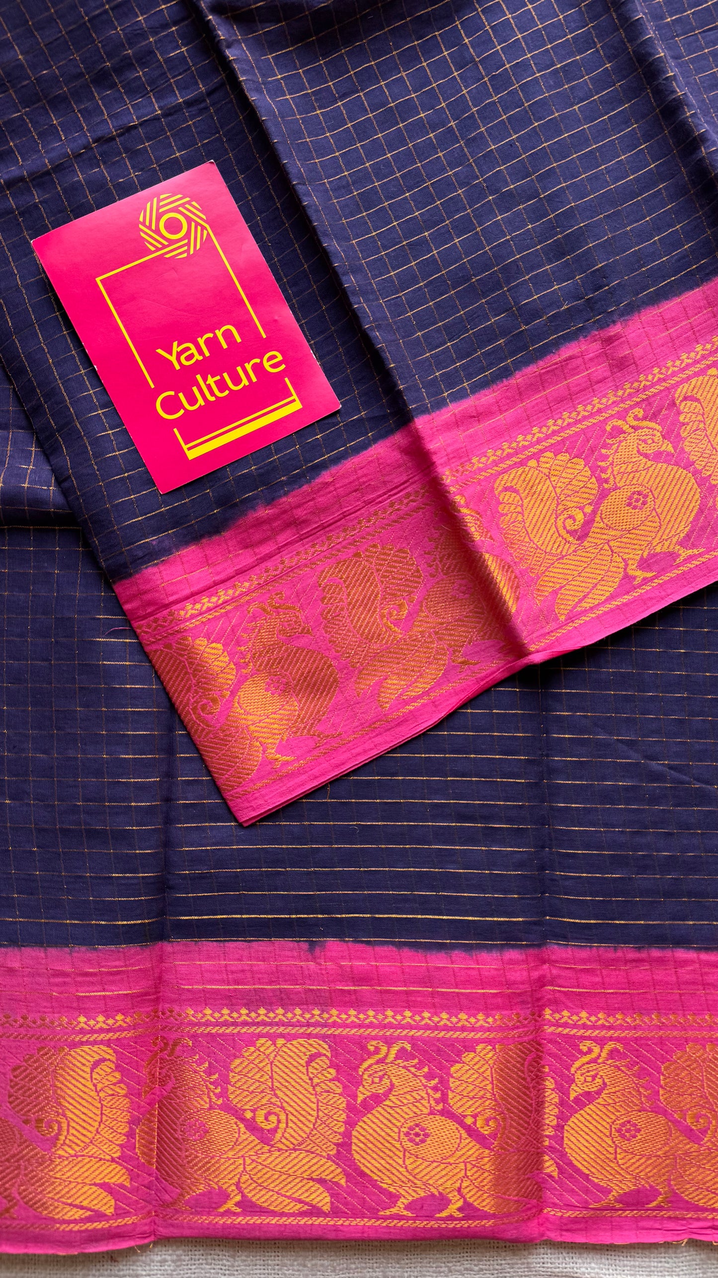 Navy blue with pink contrast, zari checkered sungudi, kattuchayam dyed madurai cotton - YCCOTNMSFE331