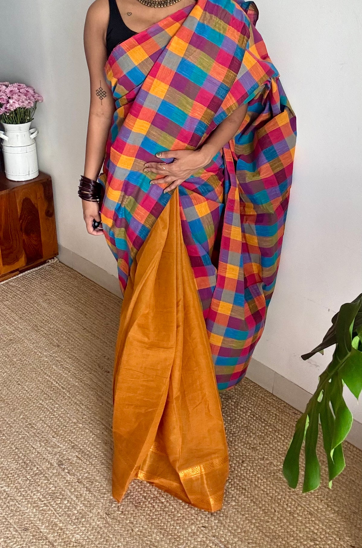 Turmeric yellow with multicoloured madras checks, cotton half and half saree - YCCOTNIDOC161