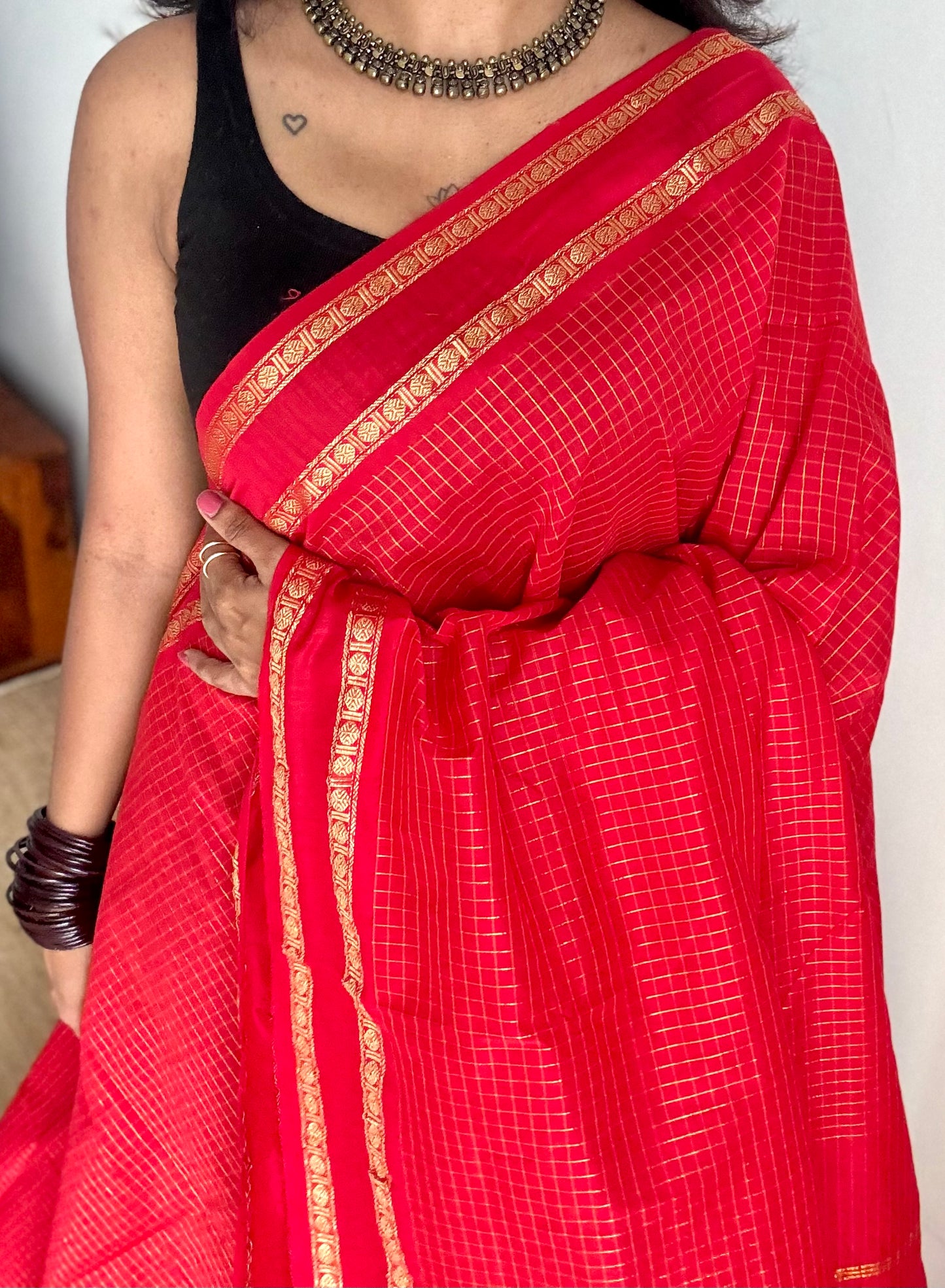 Chilli Red, arani zari checks, cotton silk - YCCOTNJUAR18