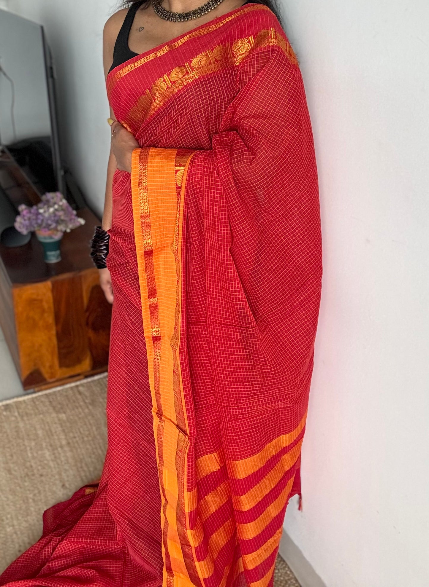 Red checks with red and yellow ganga jamuna borders, premium narayanpet soft cotton - YCWOTDNPJA158