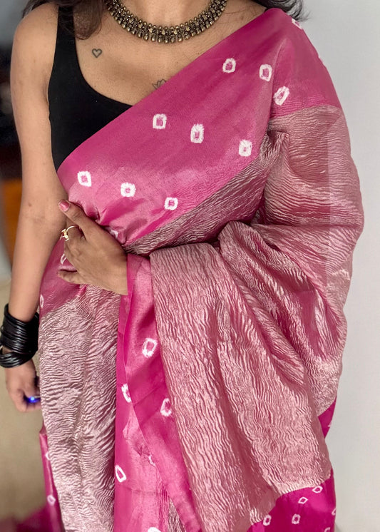 Hot Pink in crushed tissue, with bandhni borders in art silk - YCBLFE20