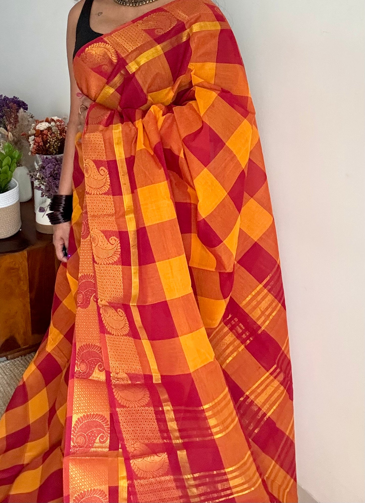 Chettinad cotton saree with yellow and red checks, paisley motif border - YCCOTNAP64