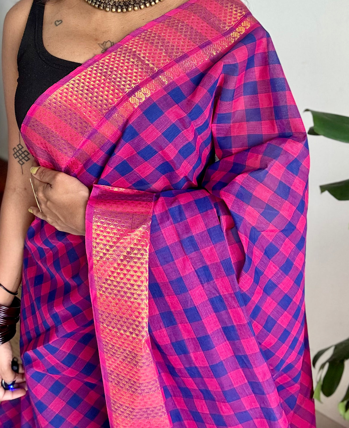 Chettinad cotton saree with purple pink and blue checks, zari motif border - YCCOTNCKSE45