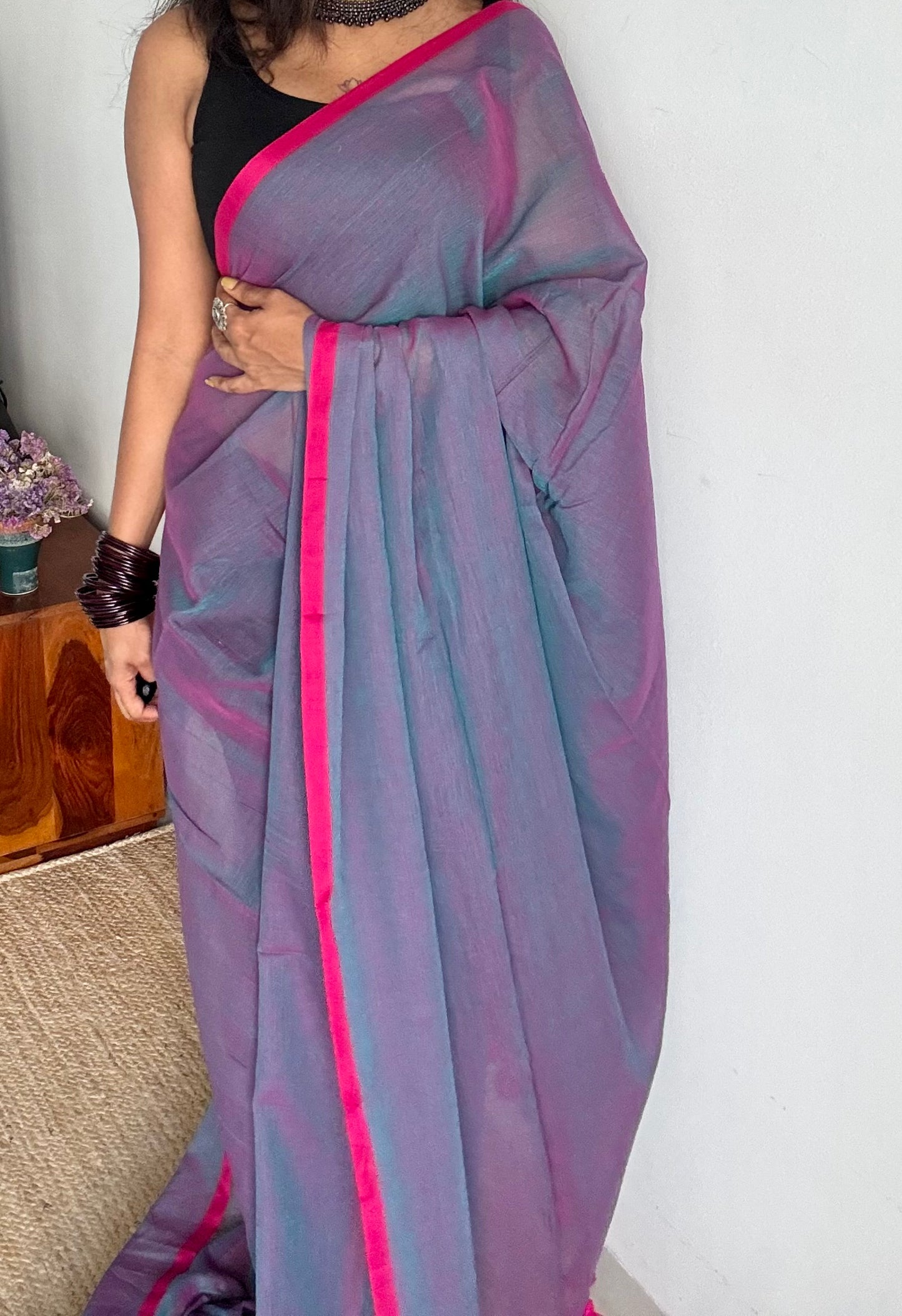 Dark lilac dual tone with pink and dark pink border mul cotton saree - YCBCMCFE227