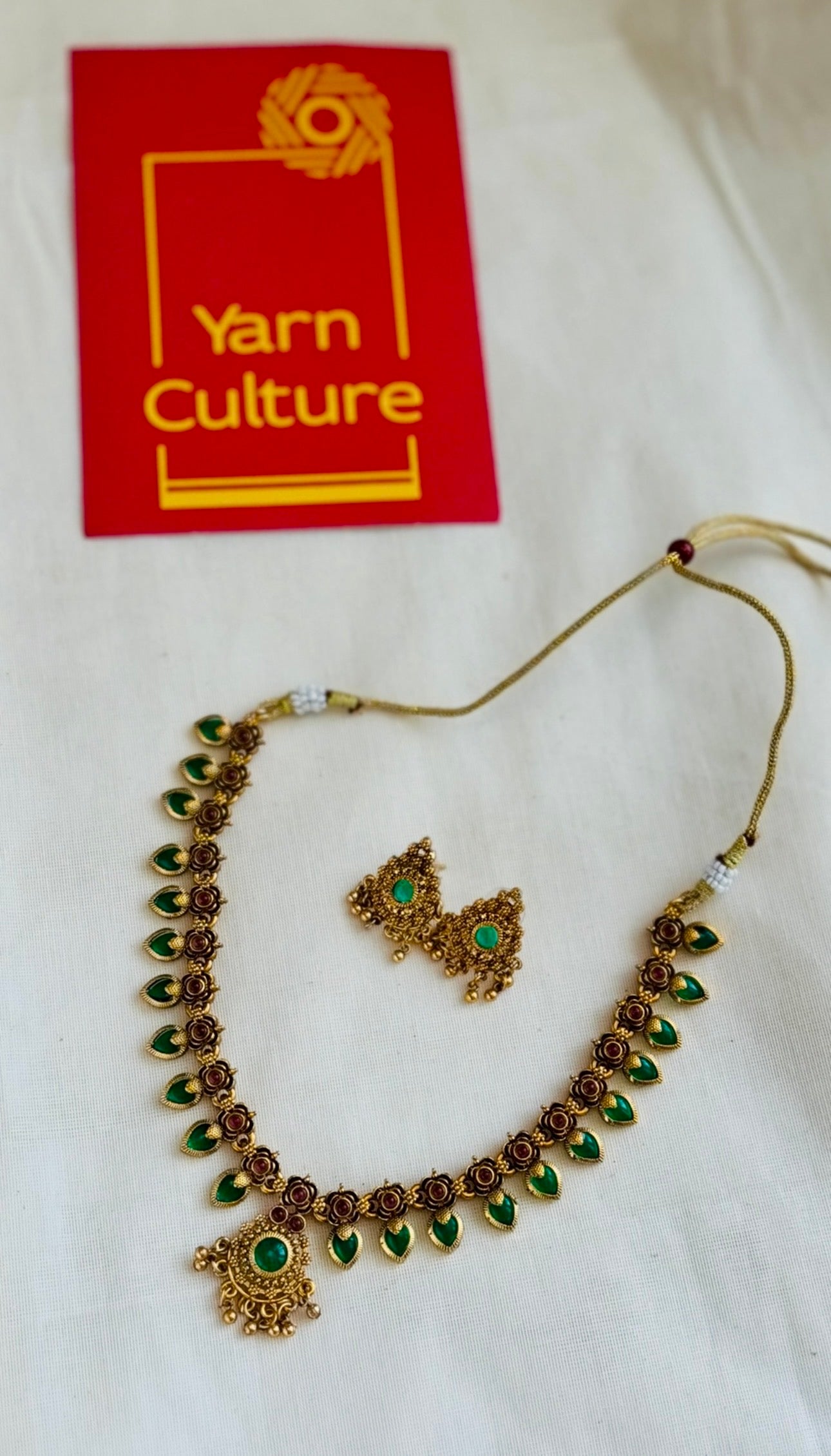 Ruby green palakka necklace with earrings, variant 2 - YCGPNP769