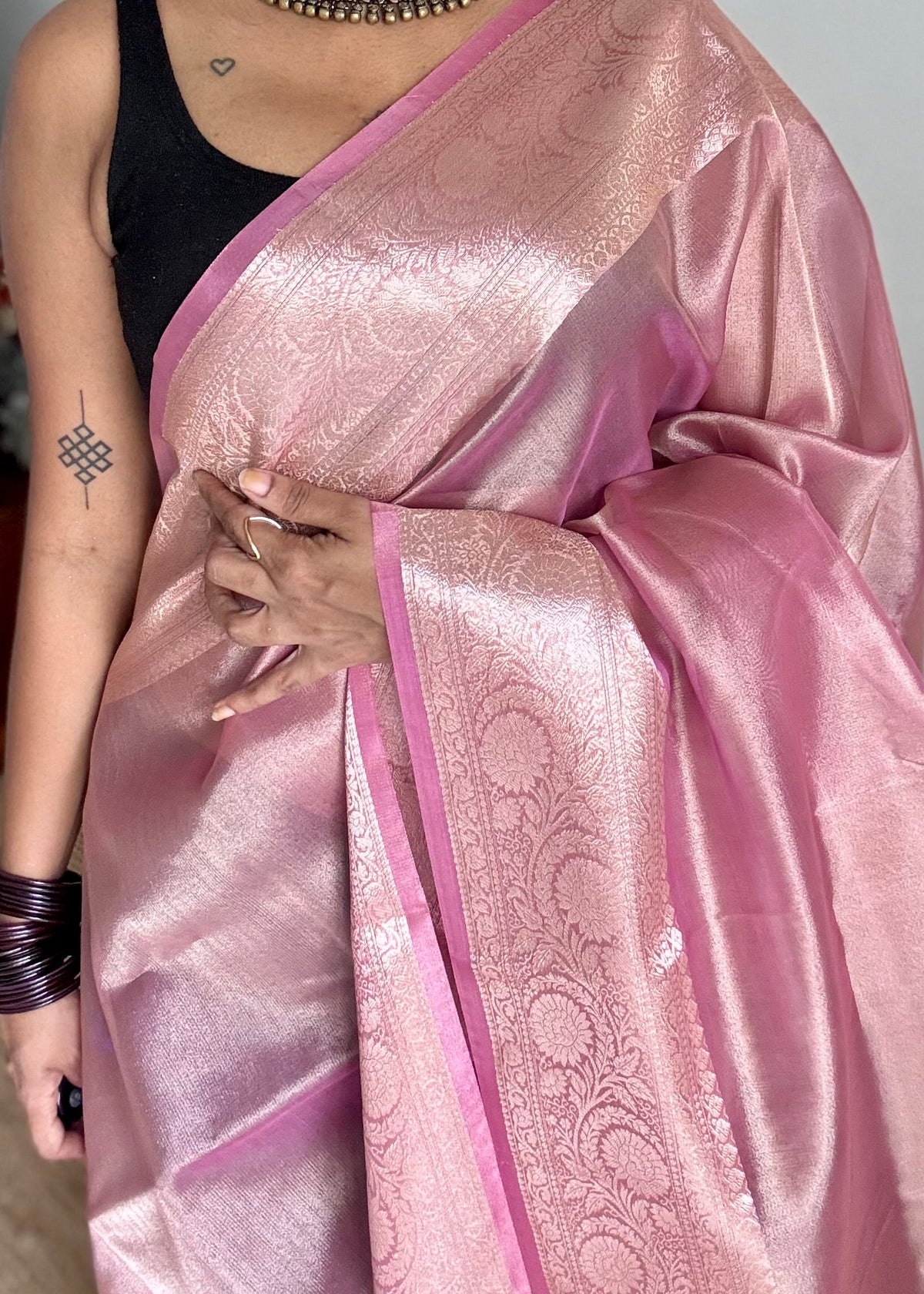 Pink tissue Banarasi saree with zari border - YCBLTOC90