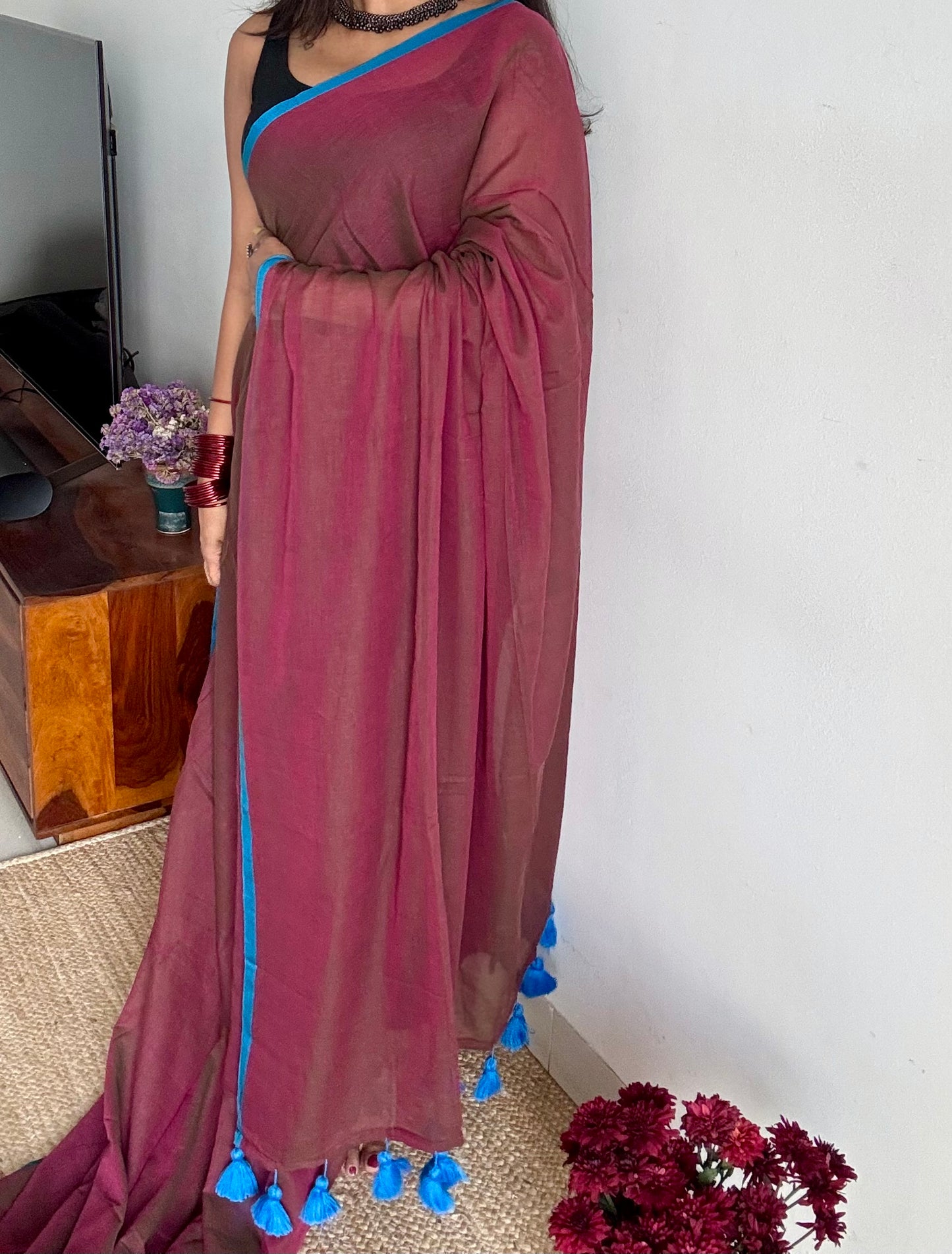 Terracotta brown with pink double shade and a persian blue border mul cotton saree - YCBCMCFE230